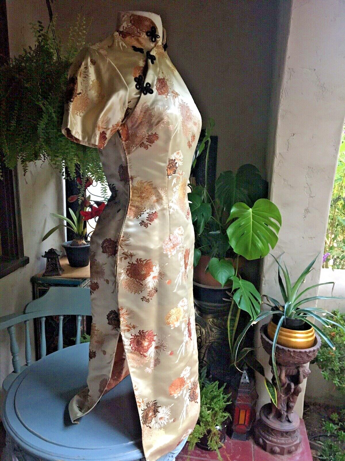 Vintage 50s Asian Silk Brocade Cheongsam Dress Floral Champagne Bodycon, S or M