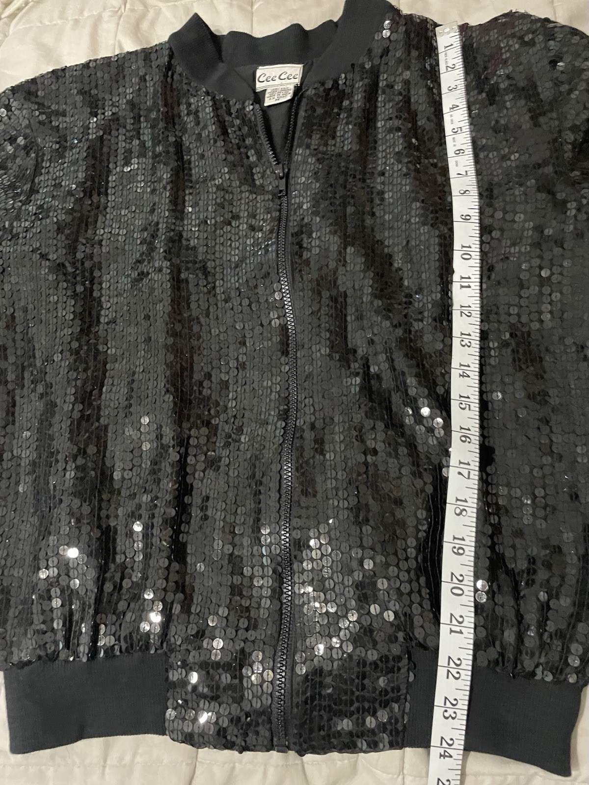 Vintage Cee Cee Silk Sequins Bomber Jacket Medium Black Glam Rock Boho Disco 80s