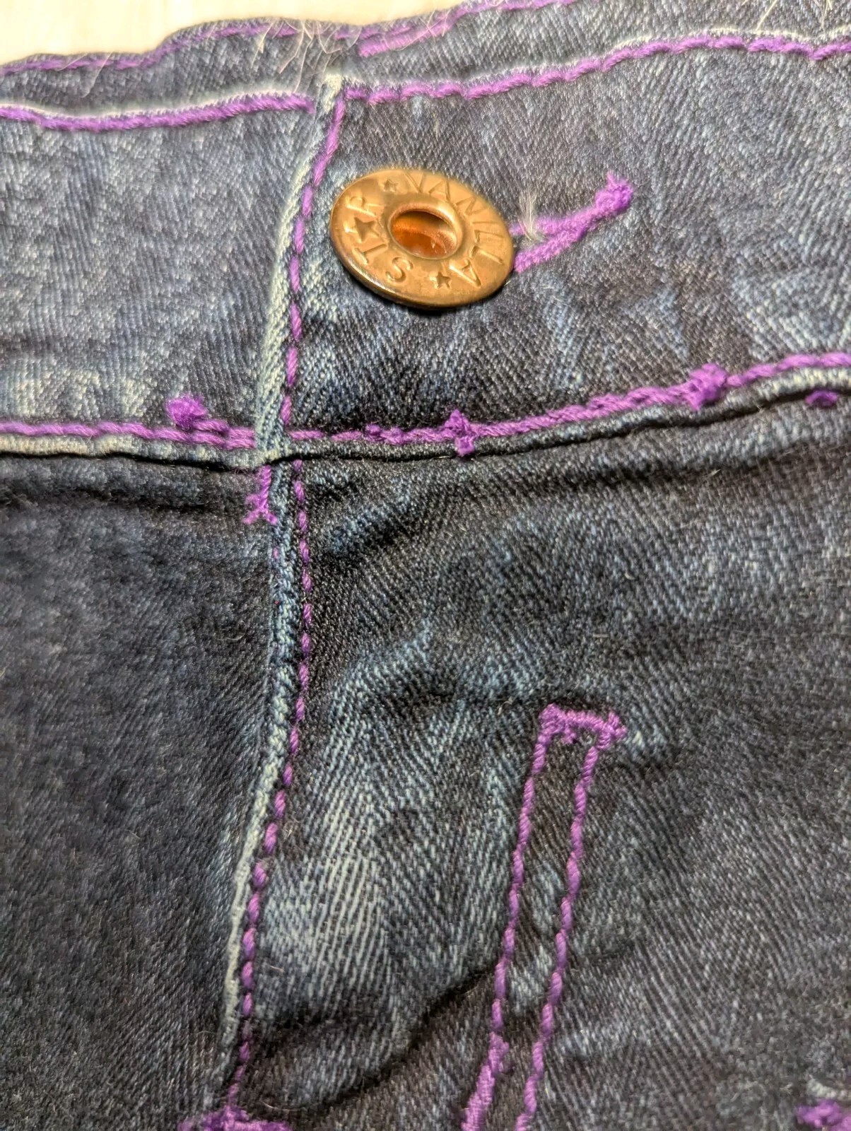 VANILLA STAR Purple STITCHED Low Rise Blue Jeans COOL DENIM Junior&rsquo;s 5 ALTERED