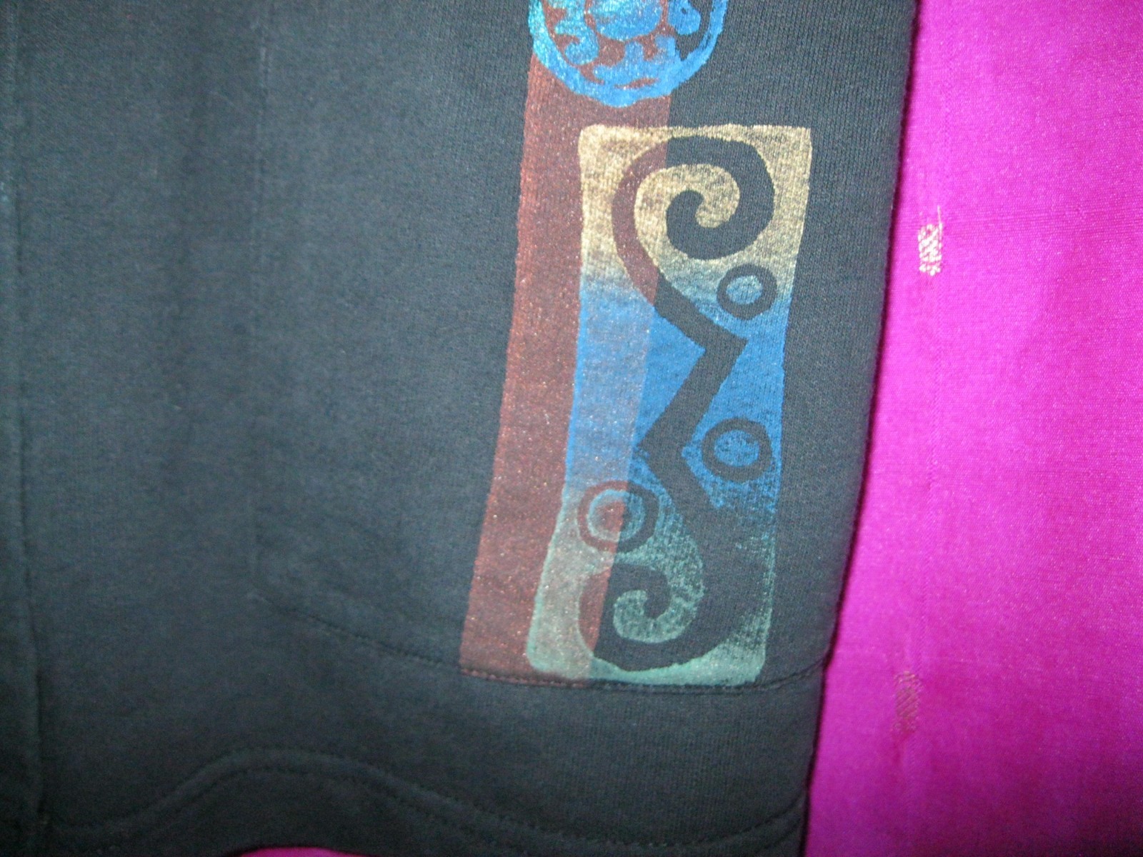 VINTAGE, BLACK COTTON JACKET, HAND PAINTED, SZ M/L, W/ FRONT POCKETS, ARTISAN