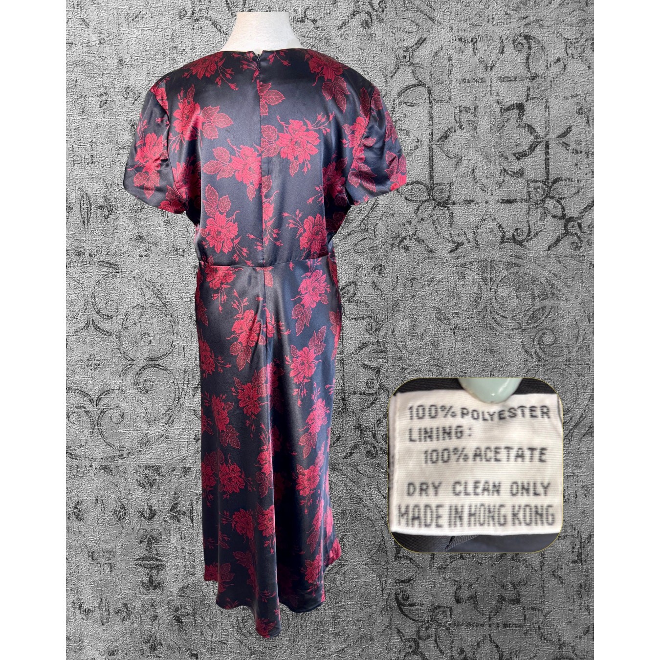 Vintage Y2K Adrianna Papell Satin Black Red Rose Brocade Drop Waist Dress 14