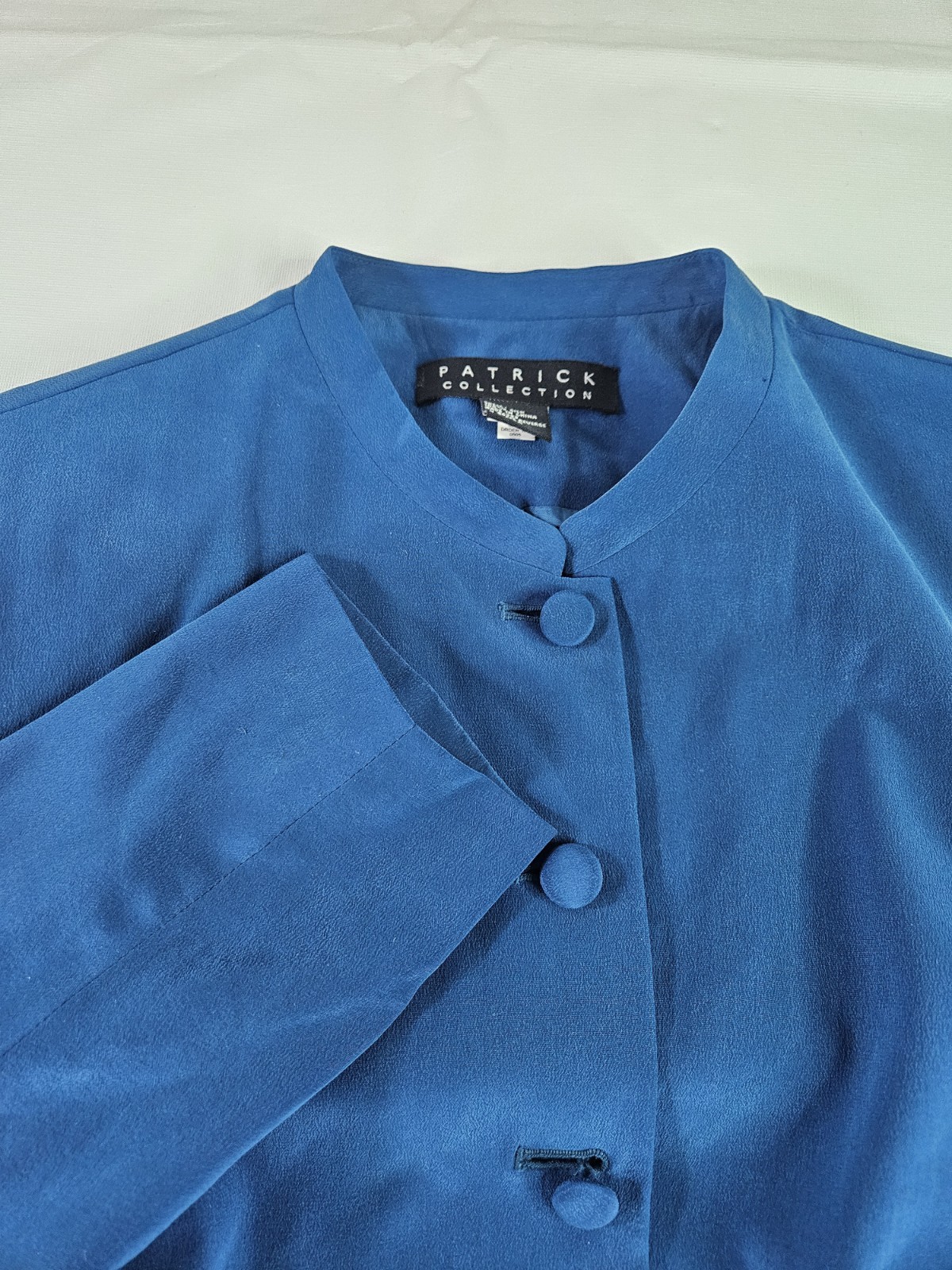 Vtg 90&rsquo;s Patrick Collection 100% Silk Pant Suit Women 12 Blue Shoulder Pad Read