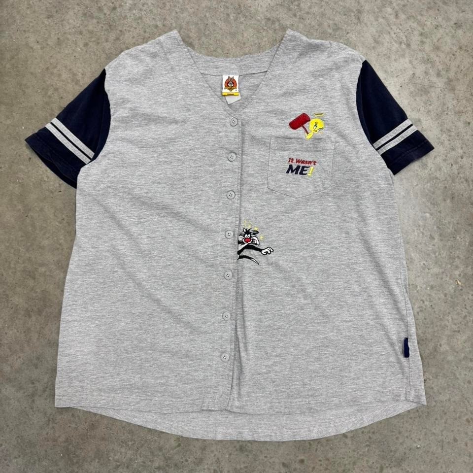 Vintage 90s Women&rsquo;s Looney Tunes Baseball Jersey Tweety Bird Grey Blue Mens XXL