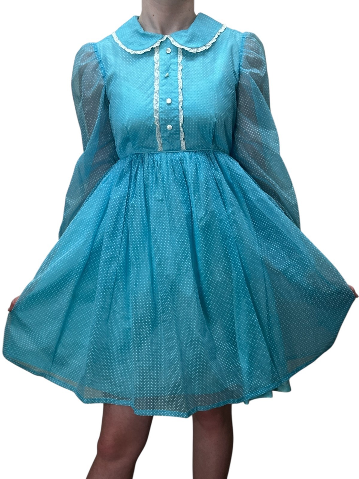 Vtg 60s Sz XS~S BABYDOLL Mini Dress Blue Swiss Dot Empire Waistline MOD