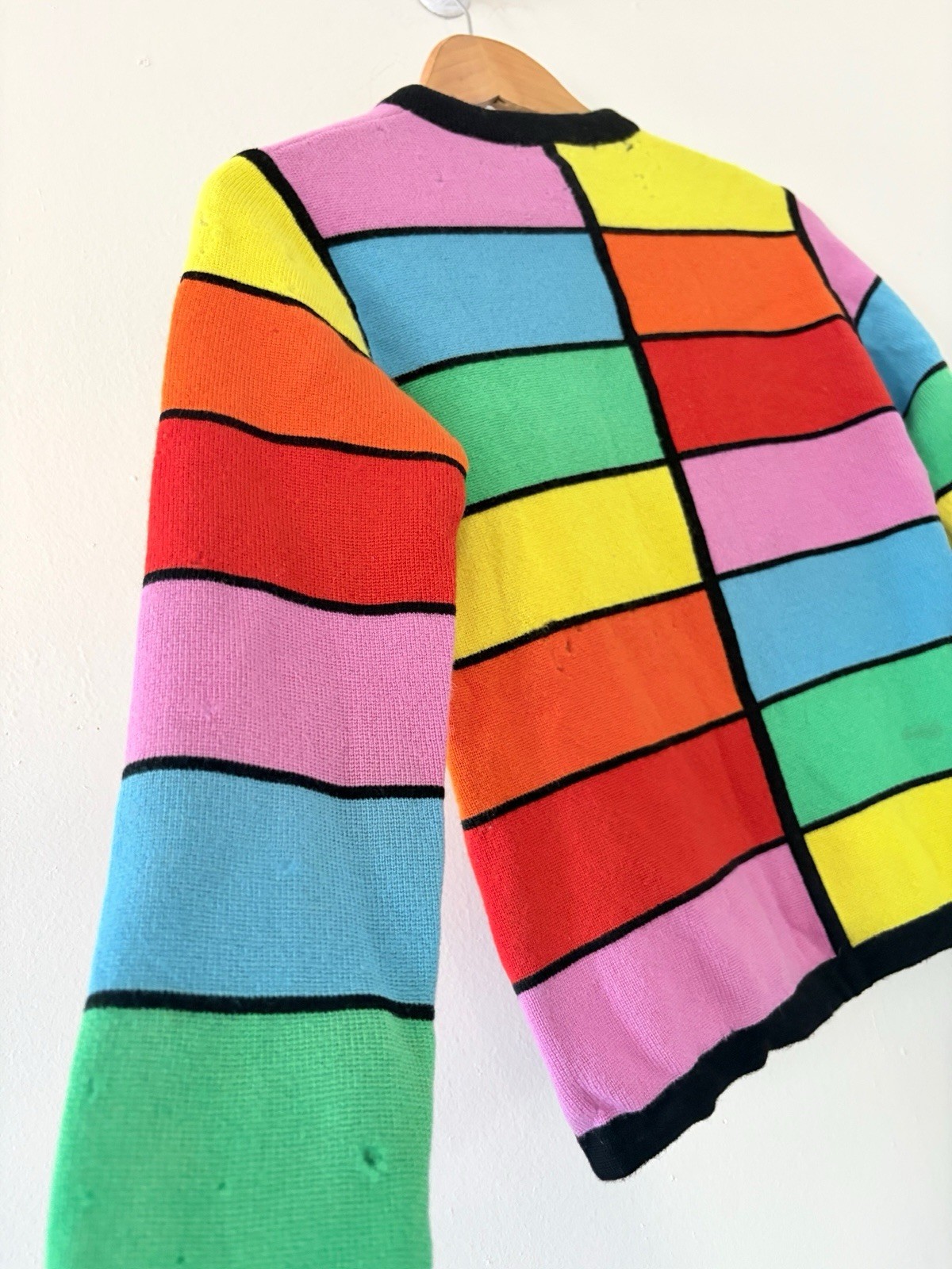 1960s Mod Geometric Color-Block Day Glo/Rainbow Wool Crewneck Sweater AS IS
