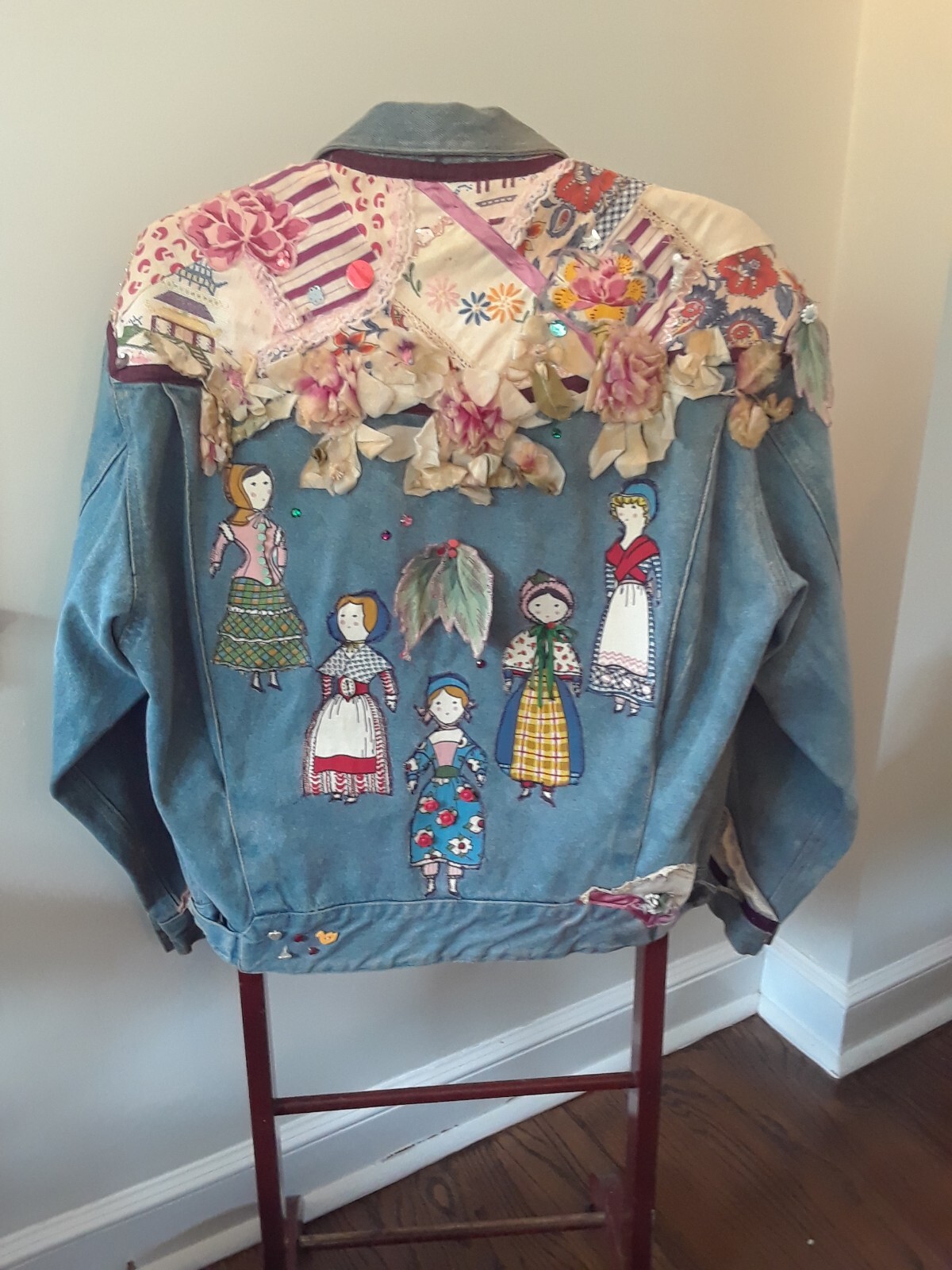 80s BoHo Embellished Jean Jacket Flowers Figures Trinkets Lace by Lilla