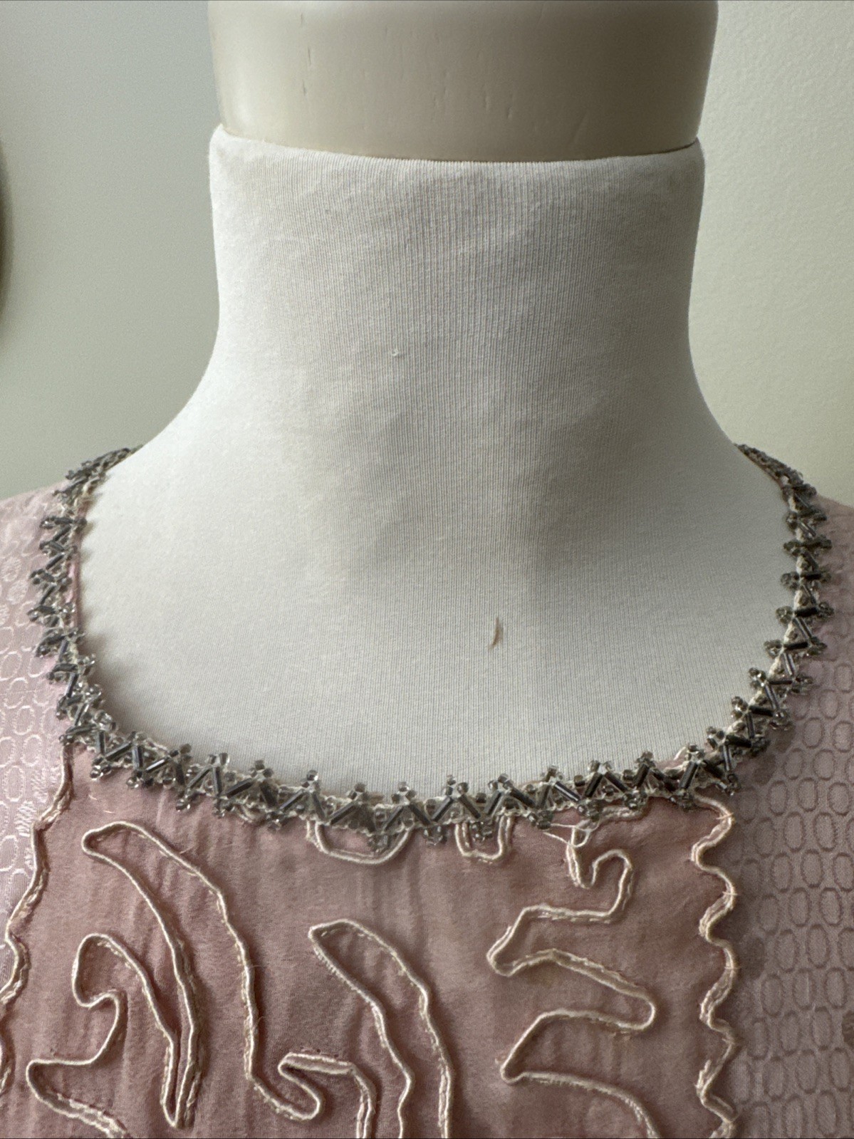 Vintage 1920s Pink Silk Jacquard Flapper Dress Soutache Bugle Bead Fringe Deco