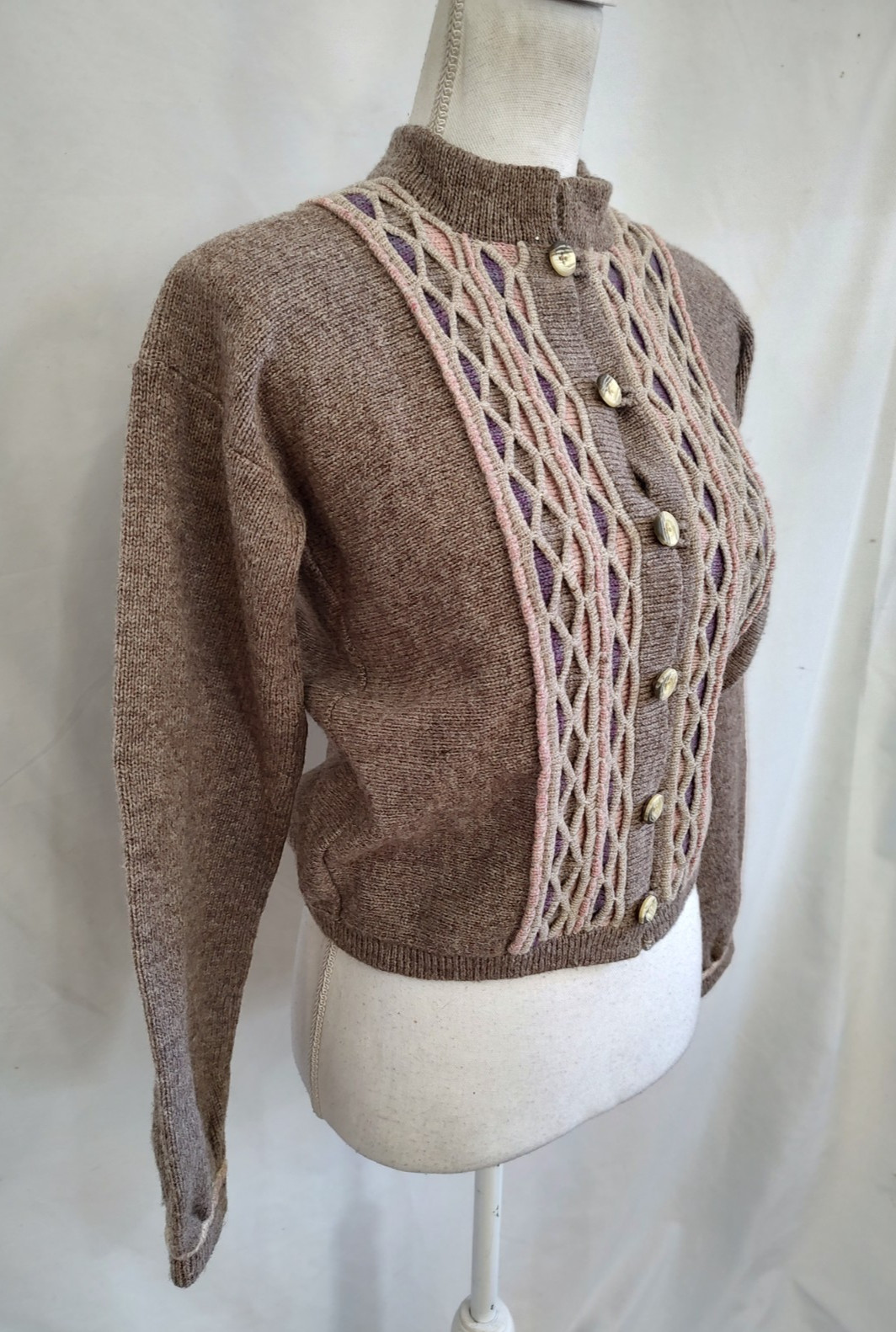Vintage 60&rsquo;s Angie Dix Sweater Cardigan 100% New Wool Fancy Knit Rose Gray Small