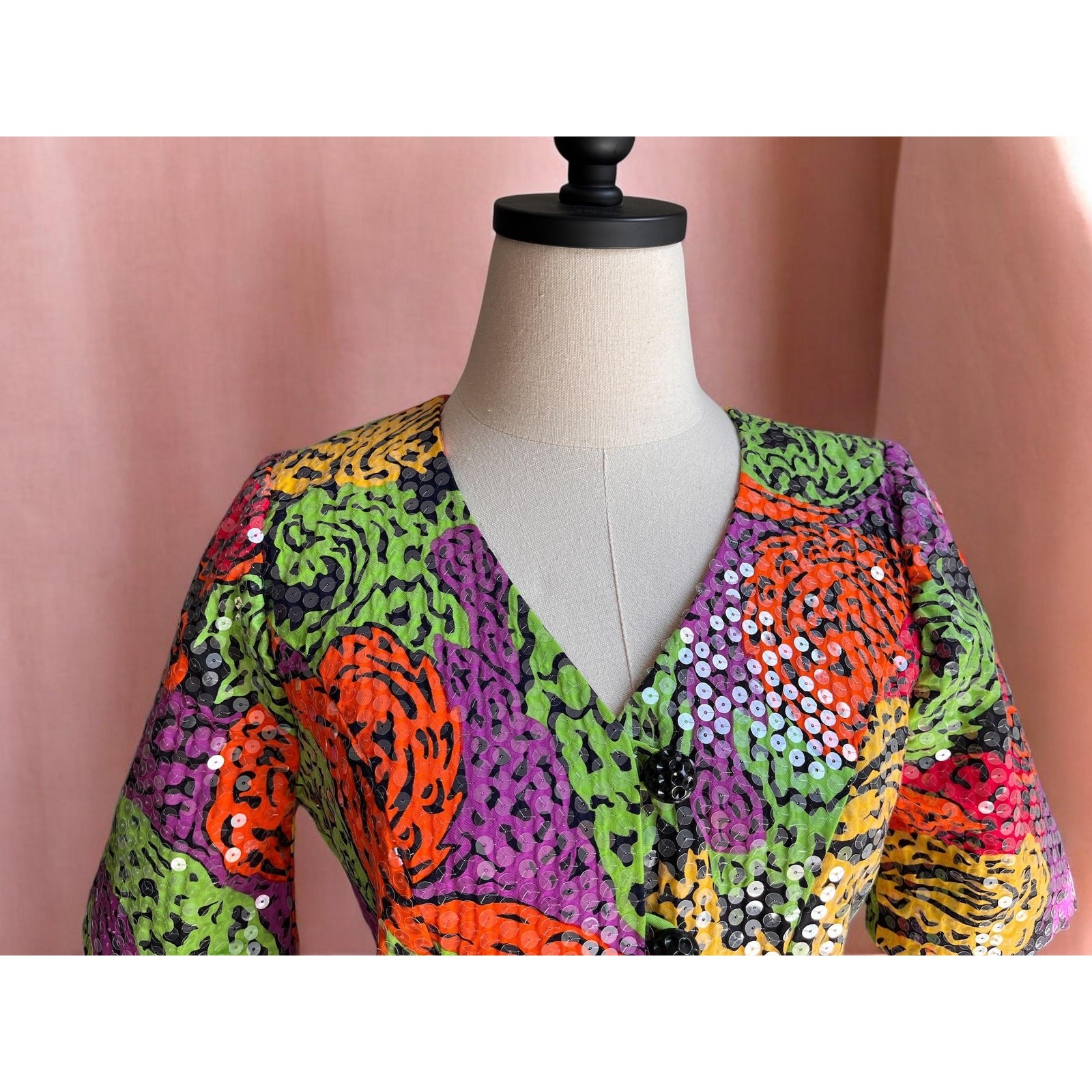 Vintage 80s Sequin Jacket Top | Neon Psychedelic Print Puff Sleeve Tailored |S/M