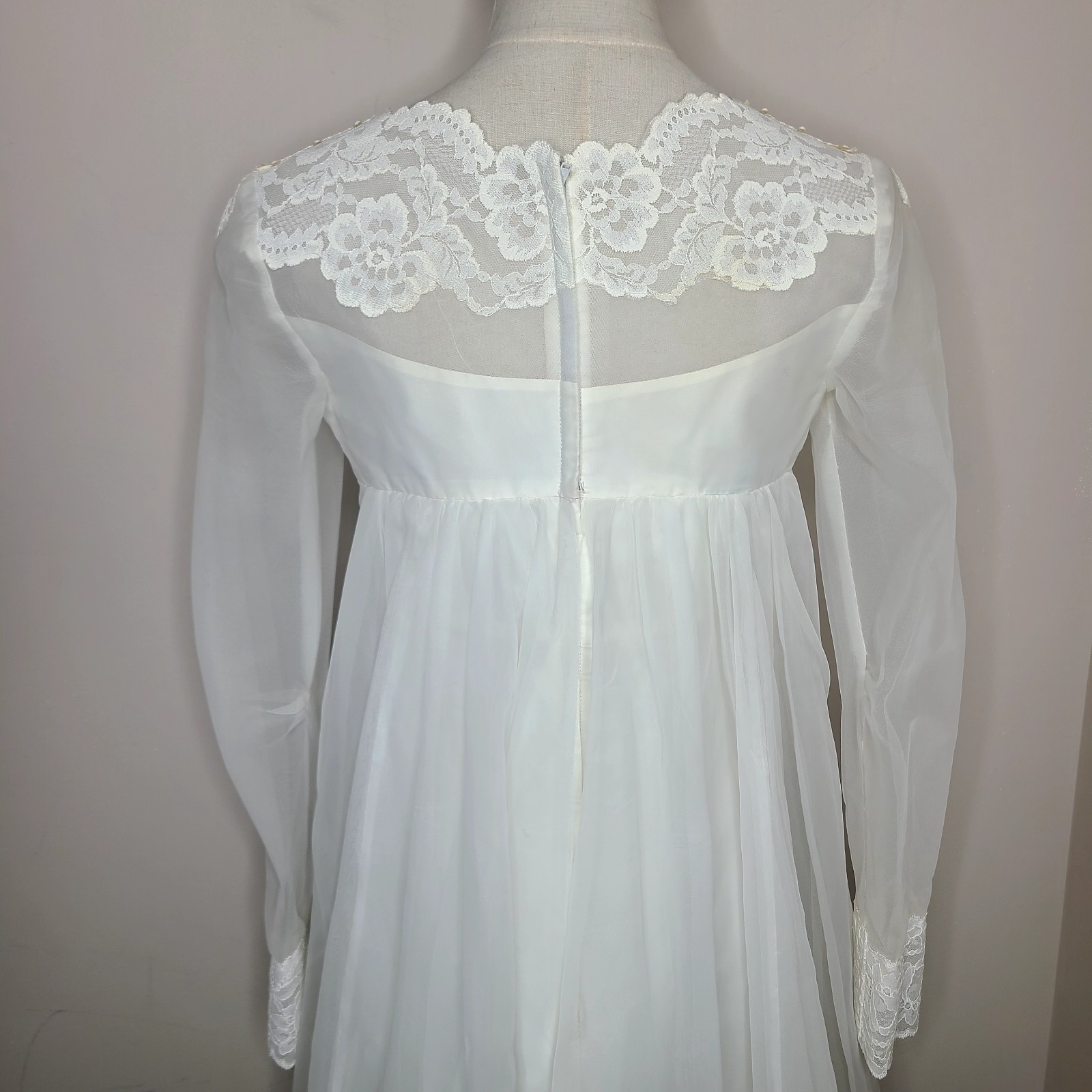 Vintage Union Made 60s Prairie Lace Sequin Empire Waist Wedding Dress Ivory