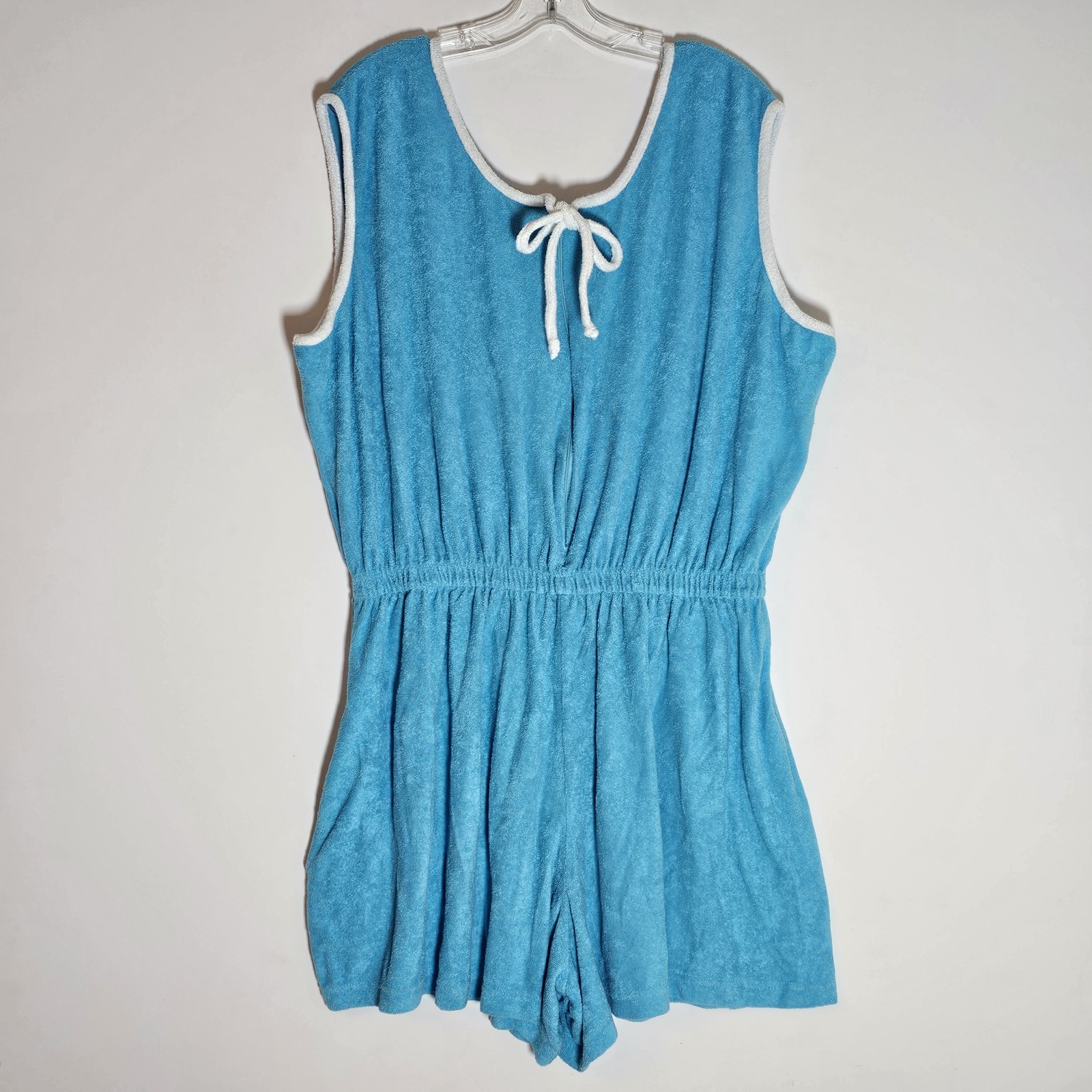 VTG Terry Cloth Granada Romper Womens 3XL Blue White Short Beach Jumsuit 70s