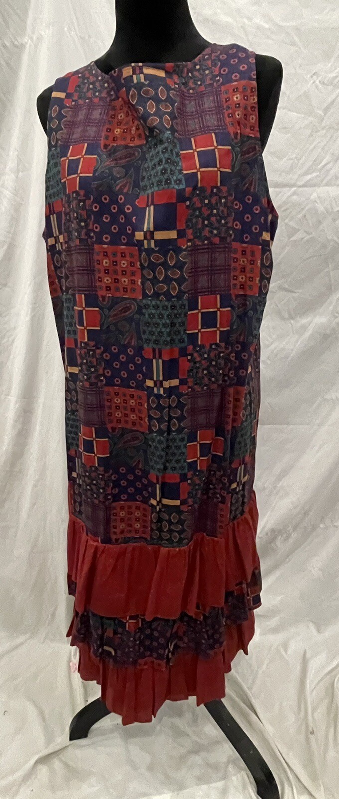Vintage Womans Dress Patchwork Print Drop Waist tiered skirt art to wear cottage