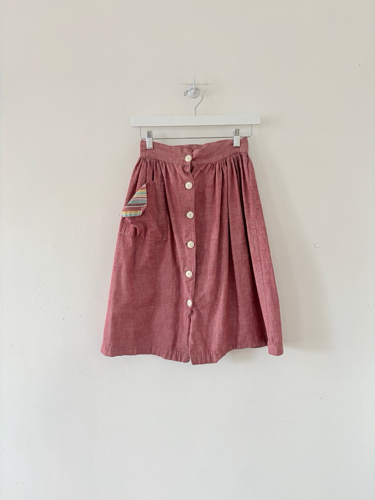 30s 40s Chambray Rayon Cotton Button Front Skirt Feedsack Pocket Workwear 24/25”