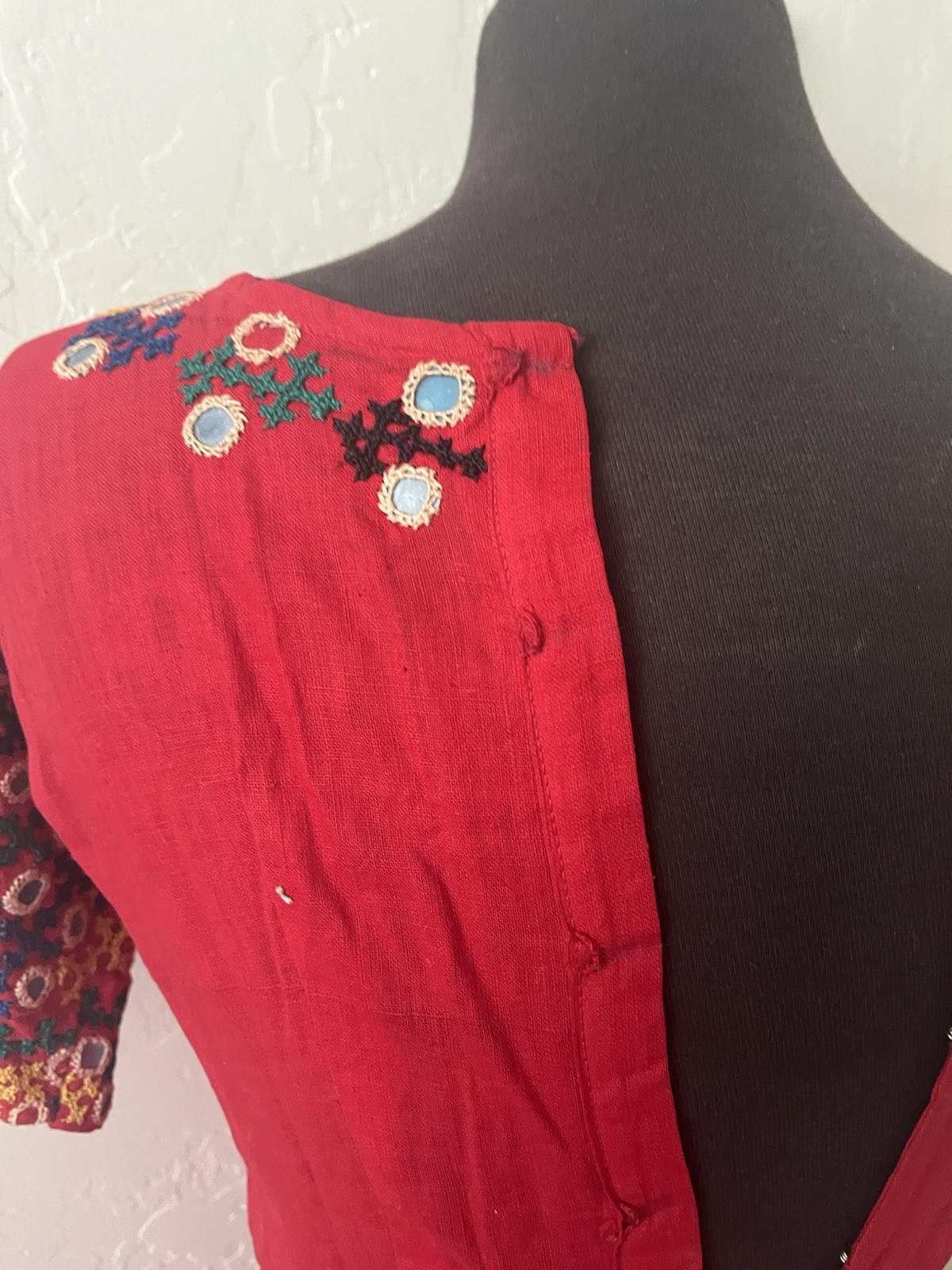 Red Vintage Cotton Dress with embroidery and mirrors, Indian