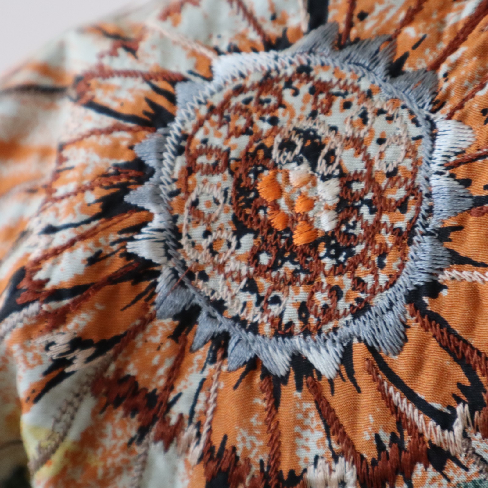 Vintage Embroidered Anu Jacket 100% Pure Silk, Orange, Gray, Brown Floral Sz Med