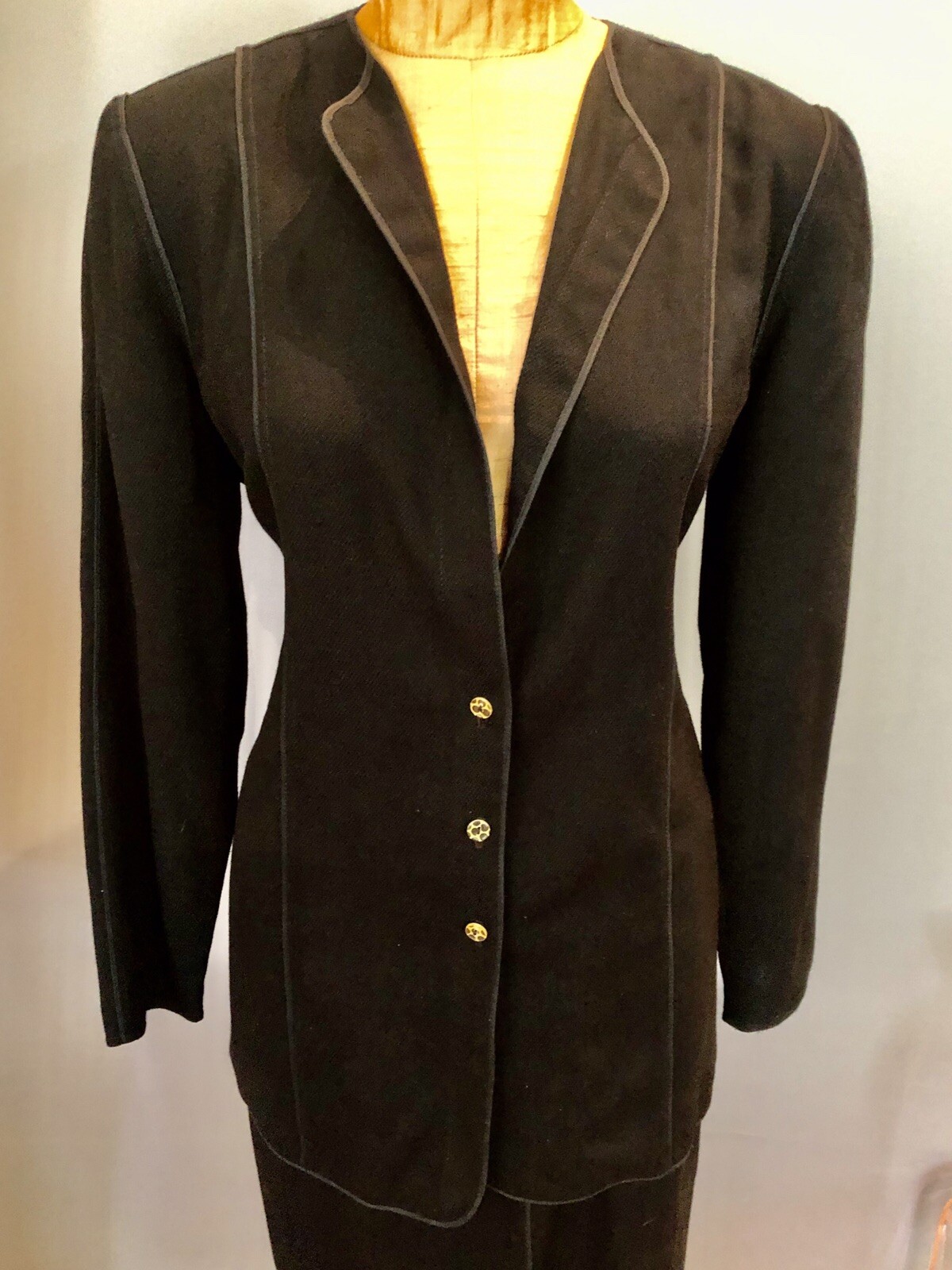 Geoffrey Beene Black Wool Jacket & Pencil Skirt Suit Military Edwardian Piping
