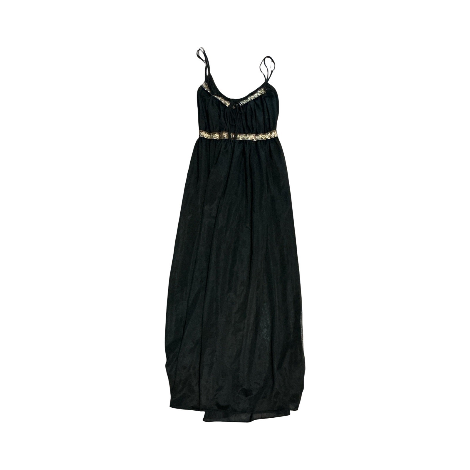 Vintage Black Sheer Empire Waist Nightgown Gold Laurel Leaf Embroidery Small