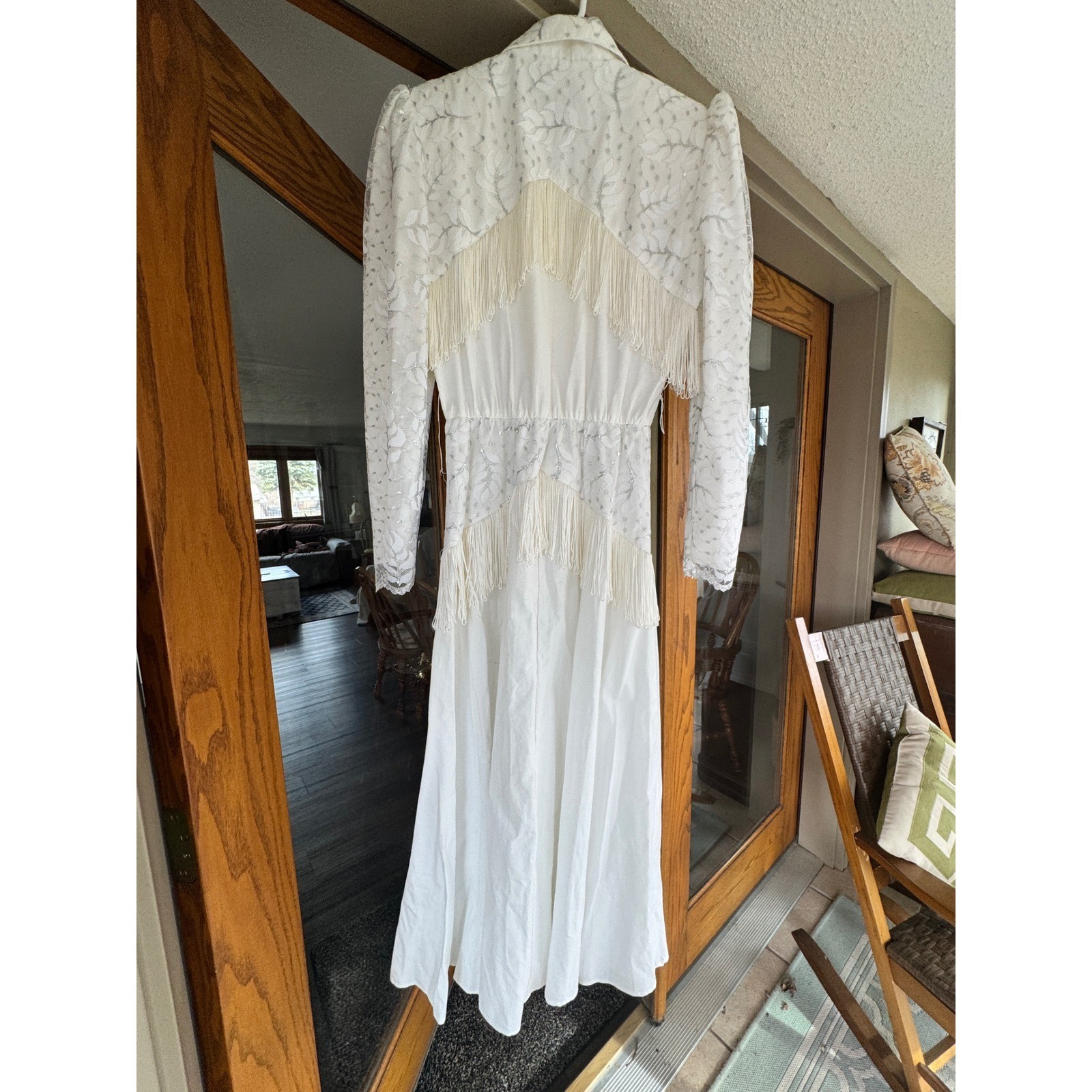 VINTAGE 80s Lilia Smitty Rodeo Fringe Dress White Ivory Western Size 5 – 6