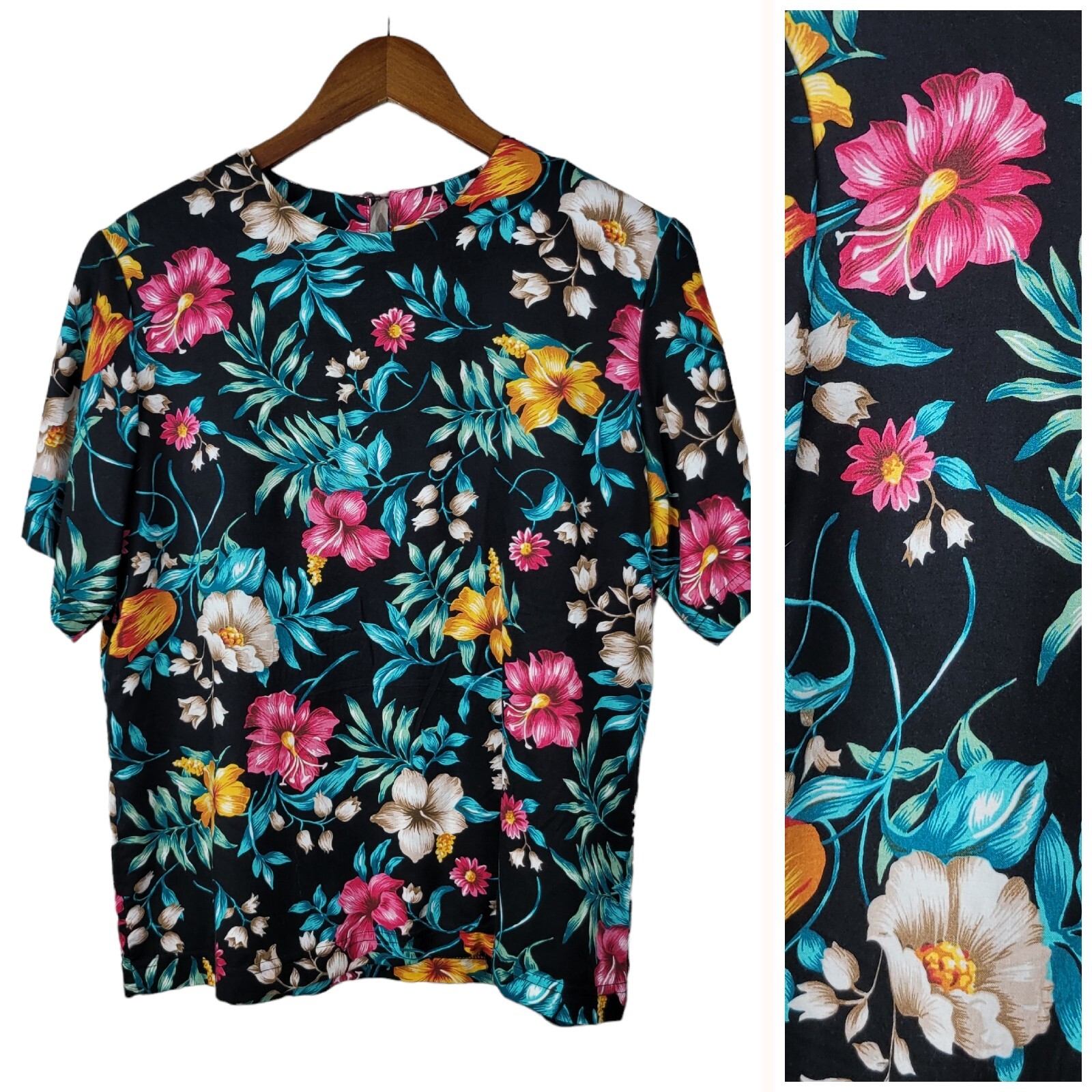 Vintage 80s Hawaiian Top Boxy Shirt floral size Medium Tropical Hibiscus Fern