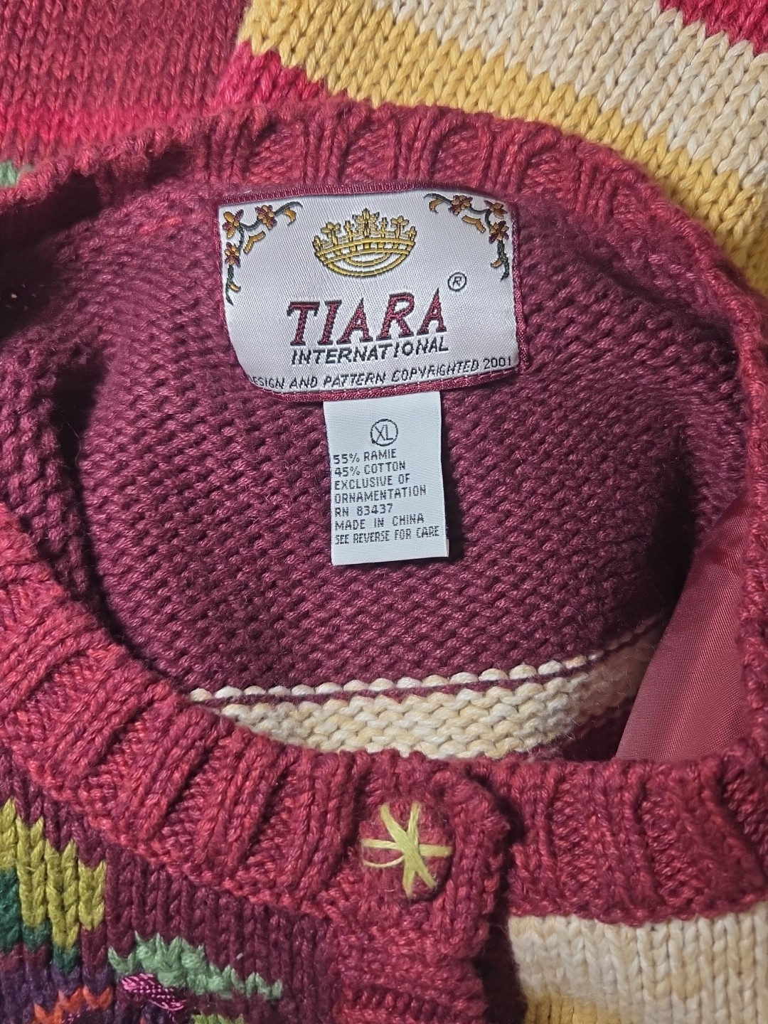 Vintage 2001 Tiara International Chunky Knit Cardigan Sweater Sunflower Fruit XL