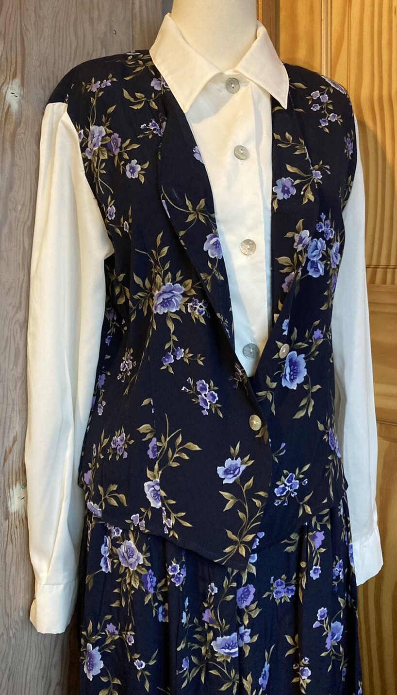 Vintage Cottagecore JACLYN SMITH Floral W/Attached Vest Shirt Skirt Set EUC