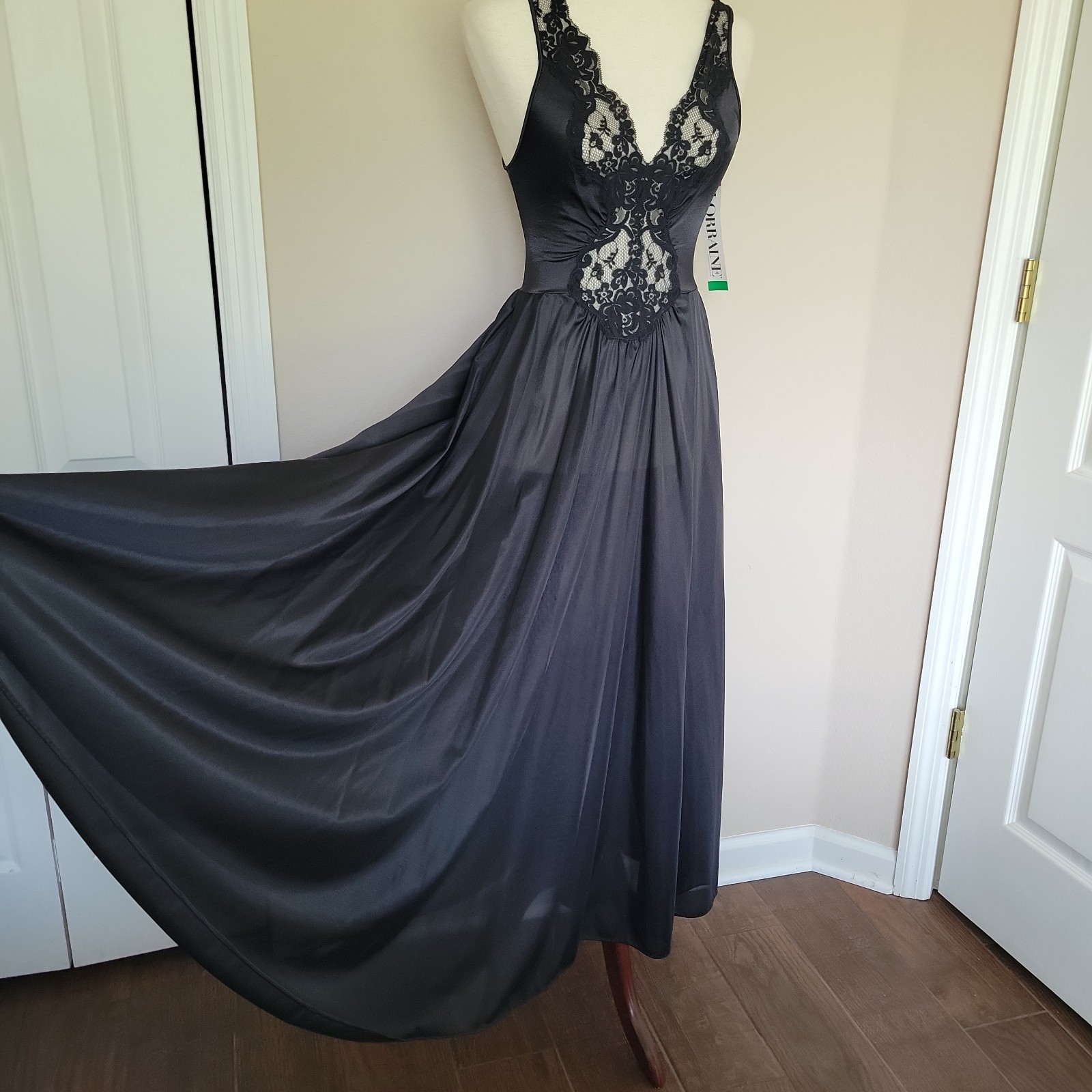 Vtg LORRAINE Full Sweep Nightgown Size S Black Lace Nylon Flowly DEADSTOCK New
