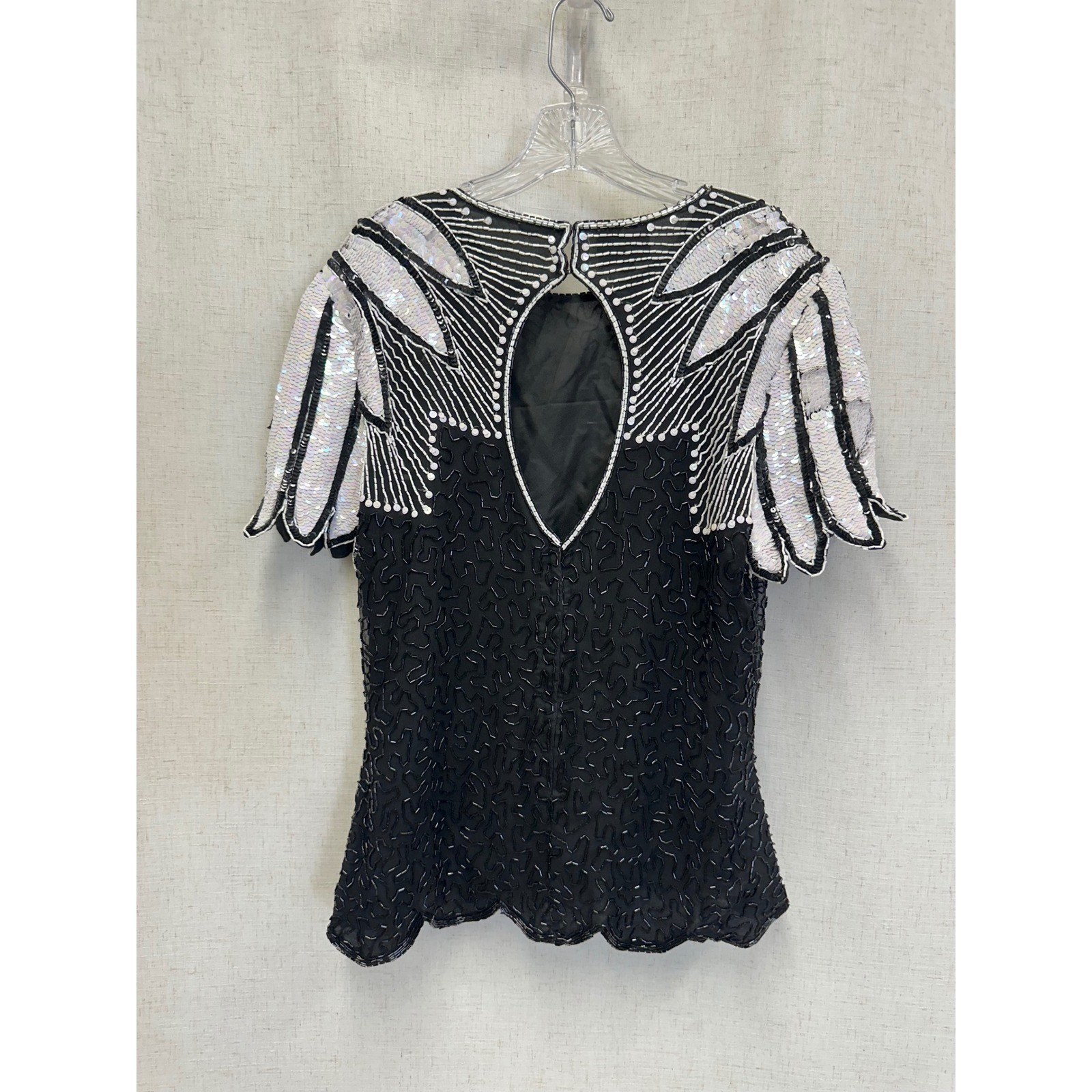 Stenay 100% Silk Beaded Sequin Black White Top Womens 14 Vintage Evening Blouse