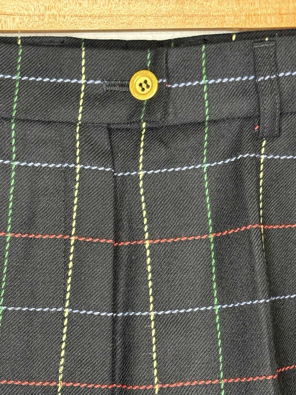 Vtg Mondi Black Plaid Wool Pants 25 Waist Gold Button Made in Germany 80s 90s