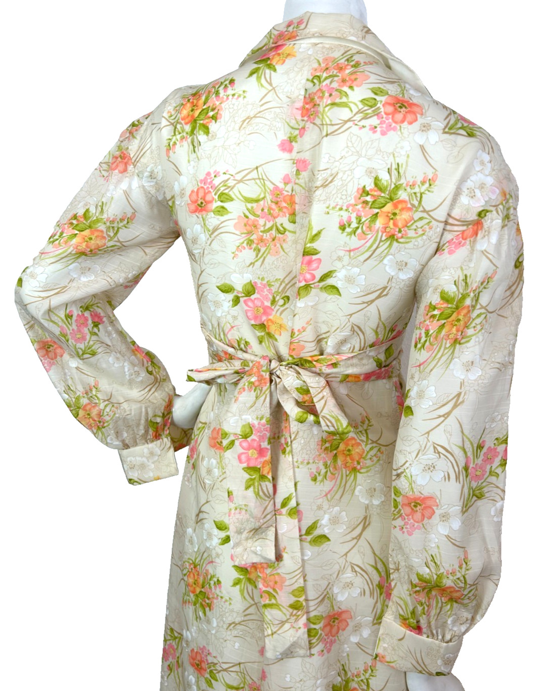 70s Floral Satin Hostess Dress Size Medium Maxi Collared V-Neck Long Sleeve EUC