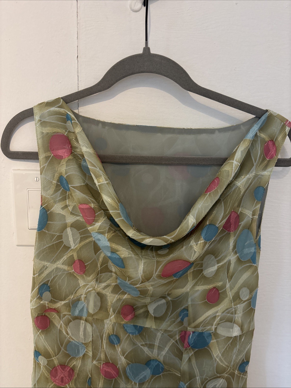 Vintage 90s Polka Dot Print Sheet Overlay Cowl Neck Sleeveless Dress SZ S
