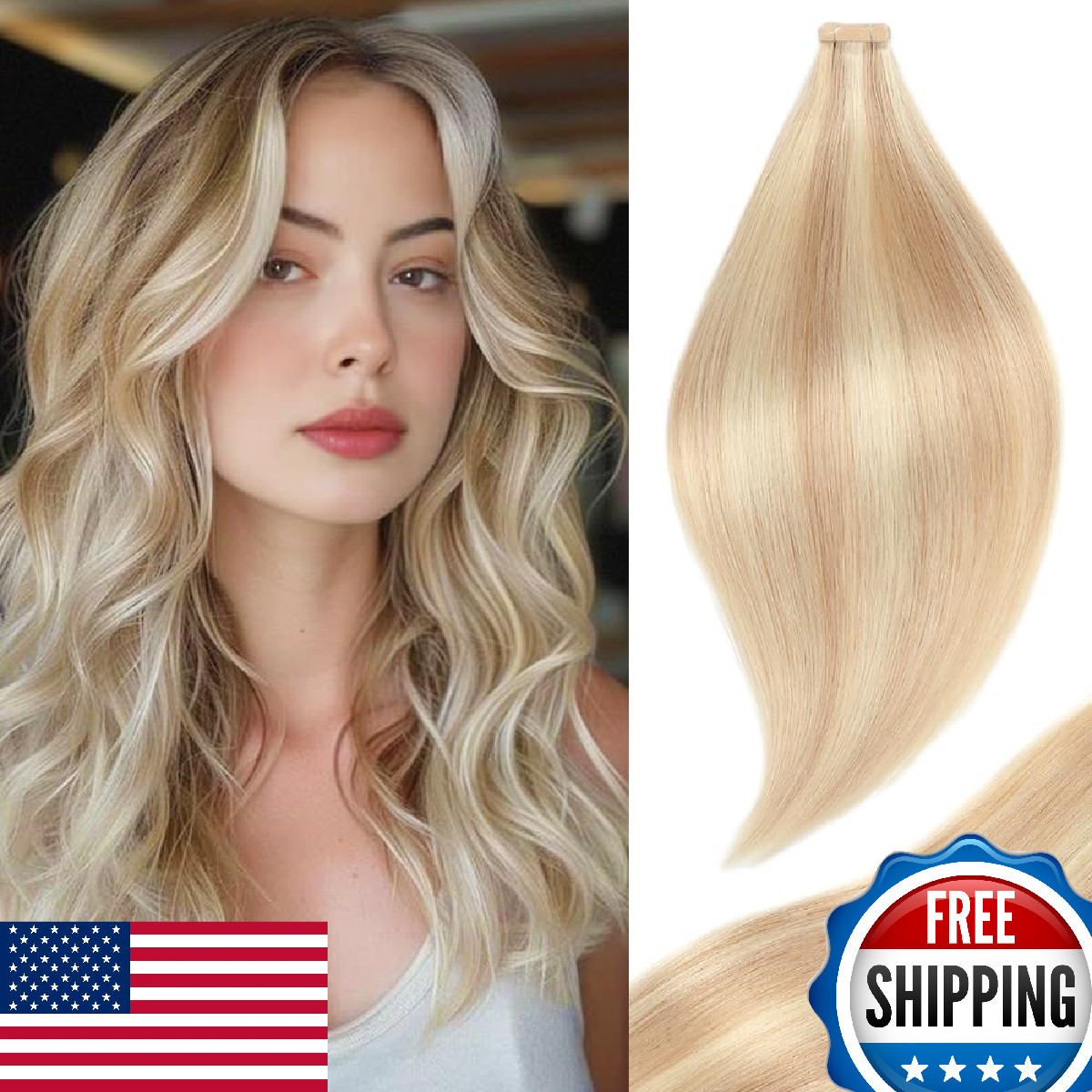 Tape in Human Hair Extensions Ash Blonde Highlight Bleach Blonde 18 Inch 20pcs