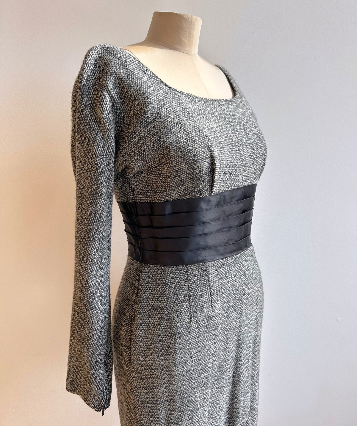 1950s Phyllis De Trano for Georgette Snowstorm Tweed Wiggle Dress Joan Mad Men