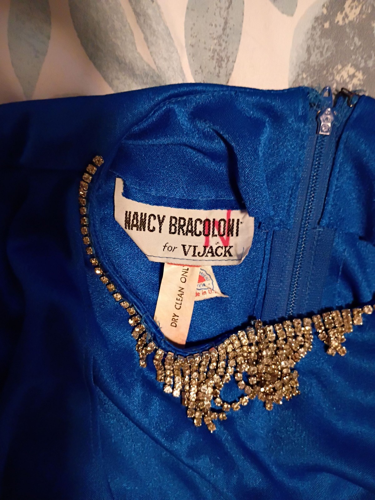 Nancy Bracoloni for Vijack Blue Ruched Dress Rhinestone Long Sleeve