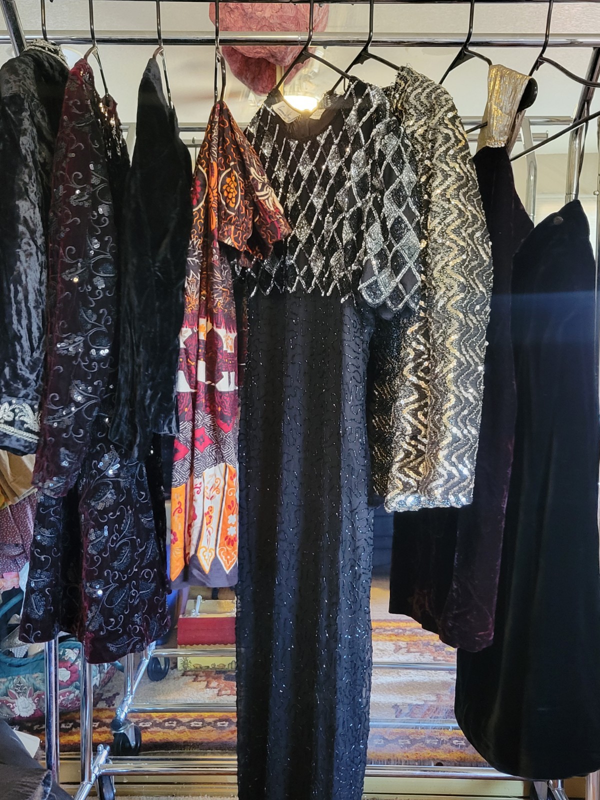 VINTAGE VELVET LUX LOT (8) ITEMS, JACKETS,DRESSES,SKIRTS, BOHO, GLAM ROCK STYLE