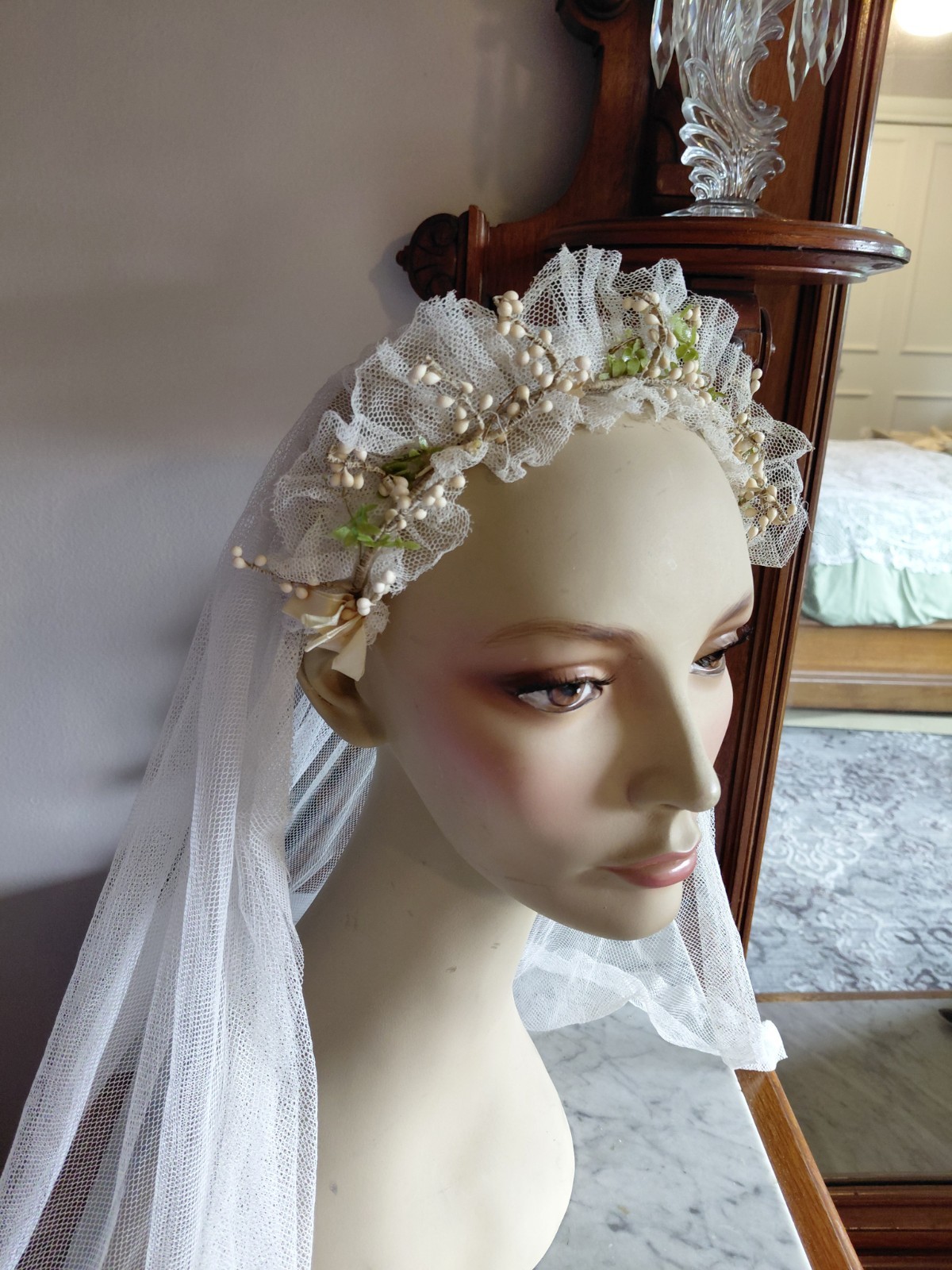 Antique Vintage 1920&rsquo;s Wedding Bridal Veil Wax Orange Blossom Buds Peach Ribbons