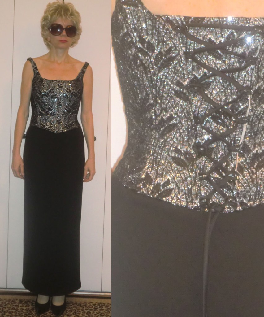 BARI JAY LACE METALLIC SILVER BUSTIER w/ X RIBBON BLACK LONG DRESS GOWN 3/4 XS