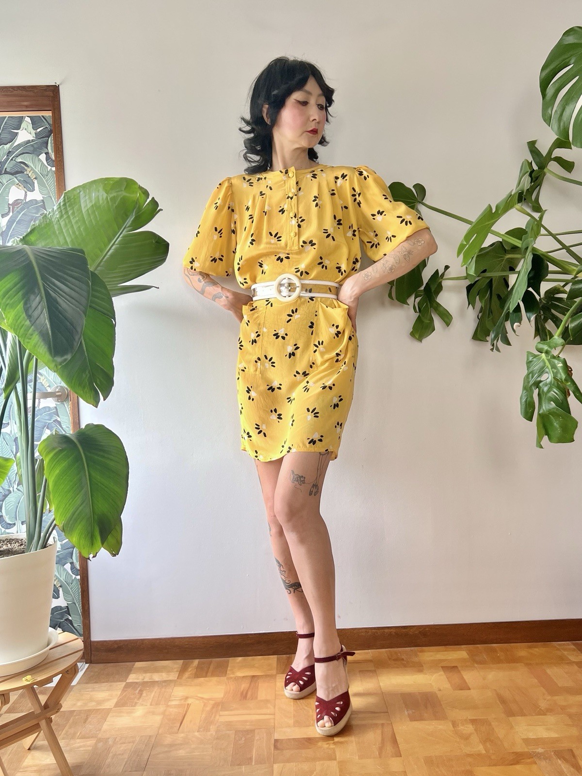 Vintage 80s Ungaro Solo Donna Italy Silk Puff Sleeve Mini Dress Yellow XS-M