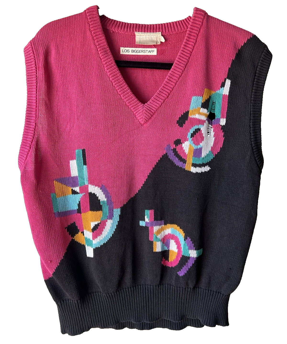Vintage Geometric Knit Sweater Vest Pink Black Multicolor Regular Large