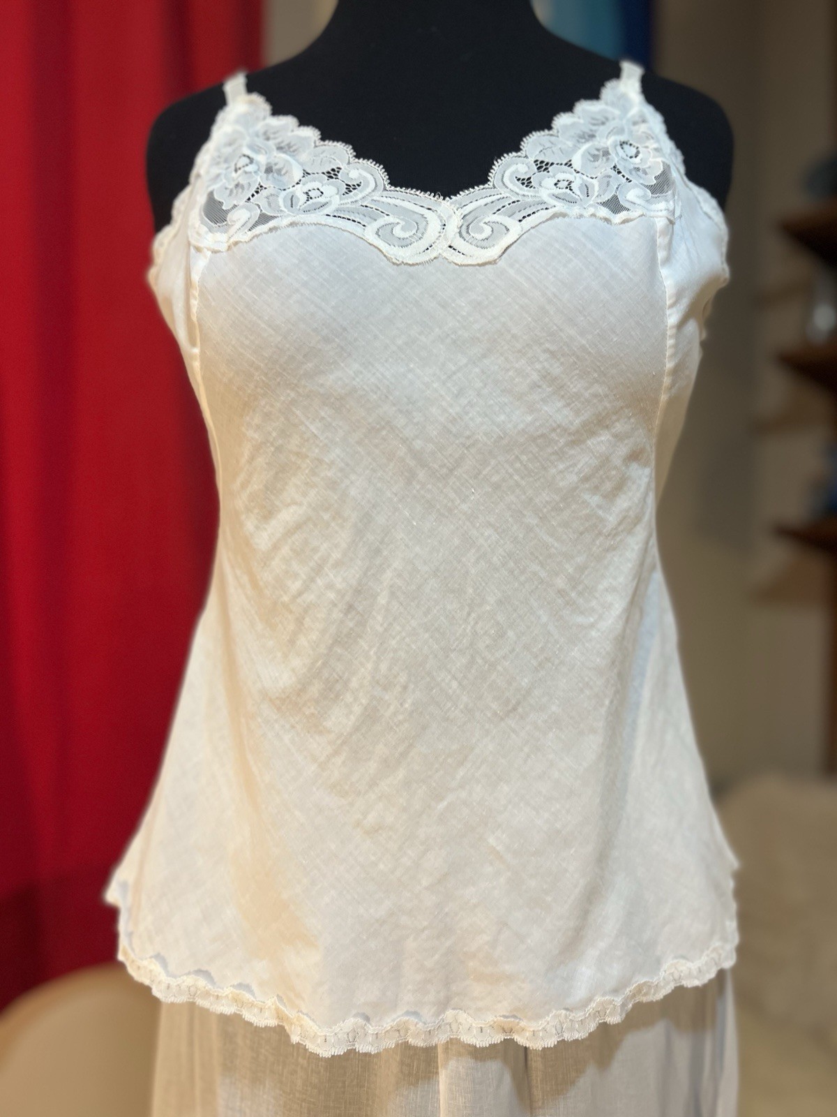 Vtg 1970’s White Lace Camisole Tank S Cotton Linen Blend Adjustable Strap