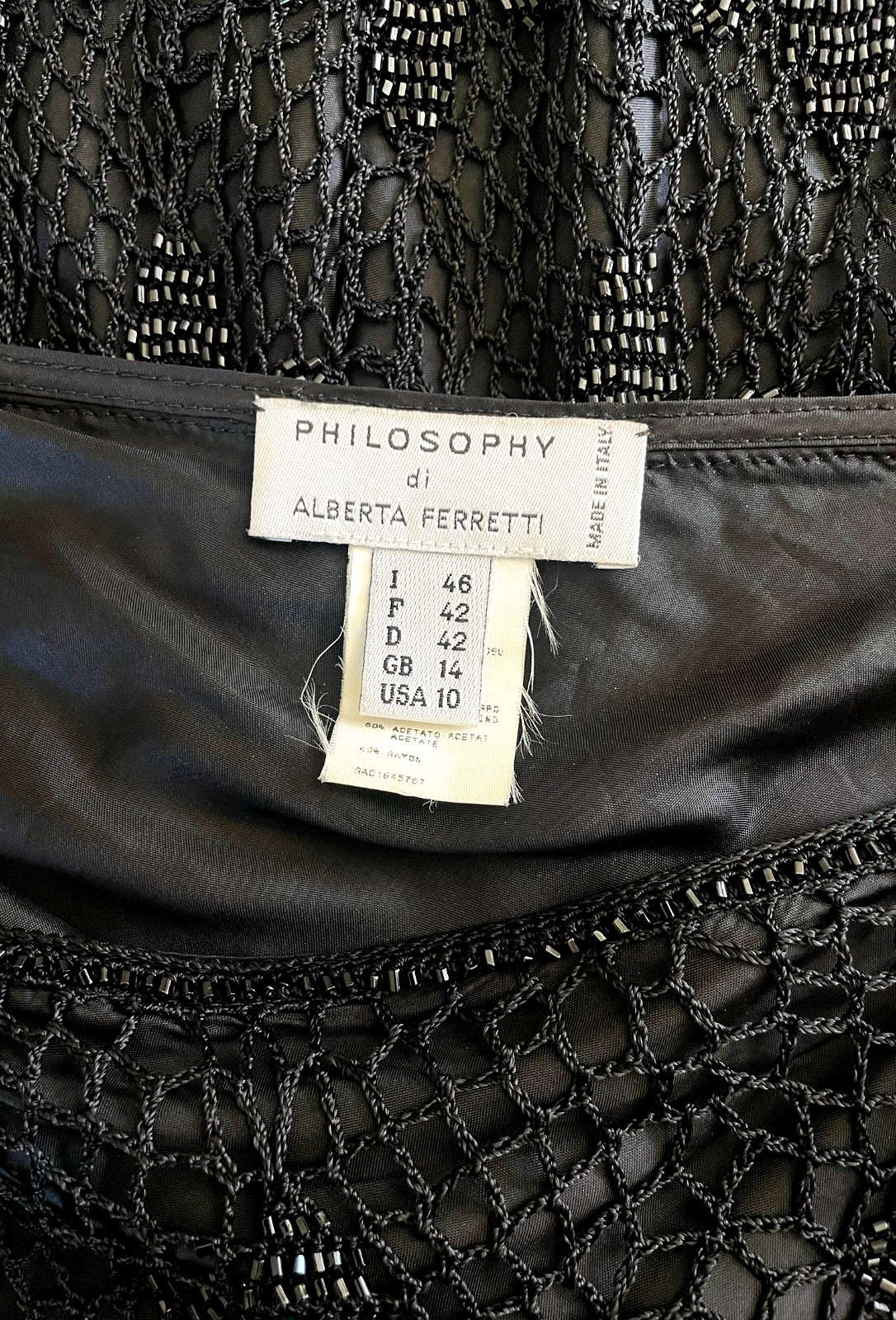Vintage Alberta Ferretti Beaded Crochet Low Rise Bias Midi Skirt Black Sz M Y2K