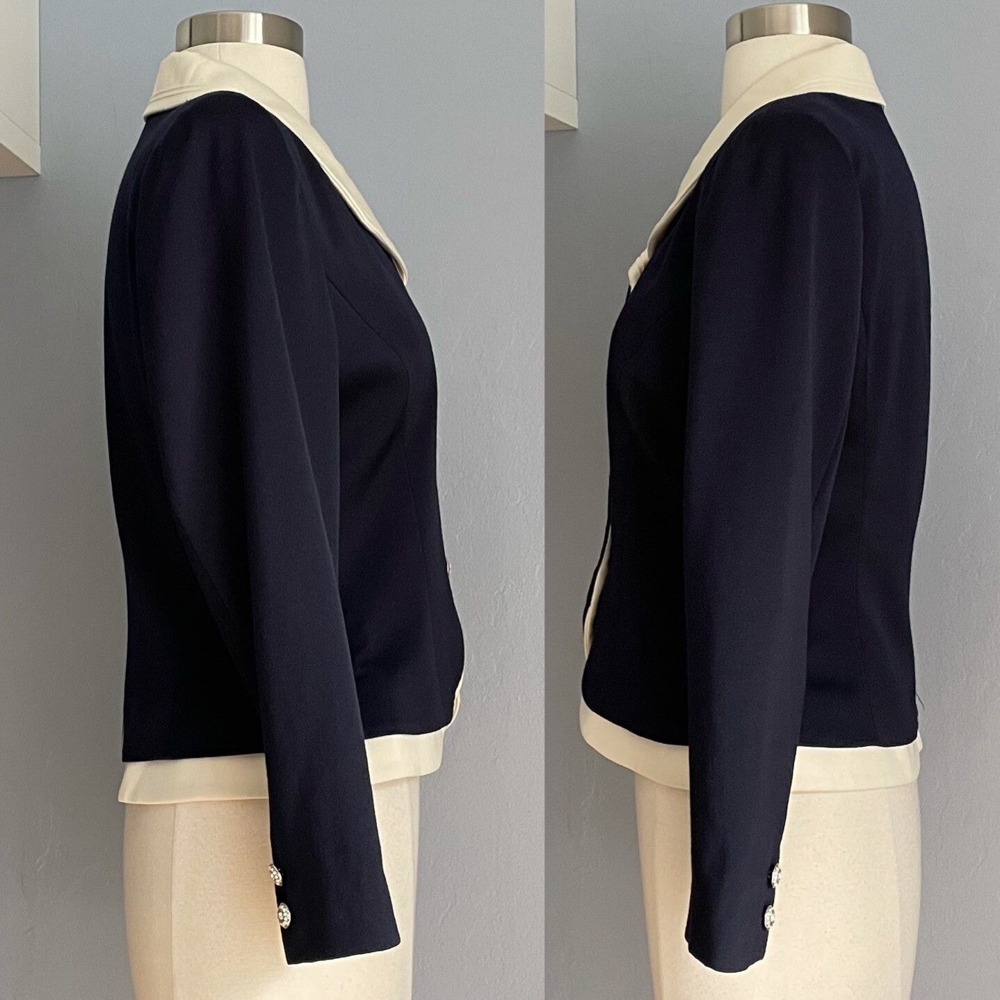 Courreges Vintage 80’s Jacket & Skirt Suit Wool Navy w/Rhinestone Buttons S