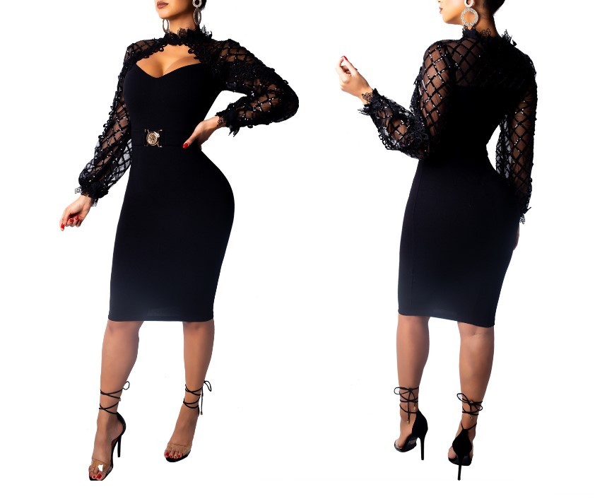 Women Plaid Sequin Lace Sheer Mesh Patchwork Bandage Hollow Out Party Dress