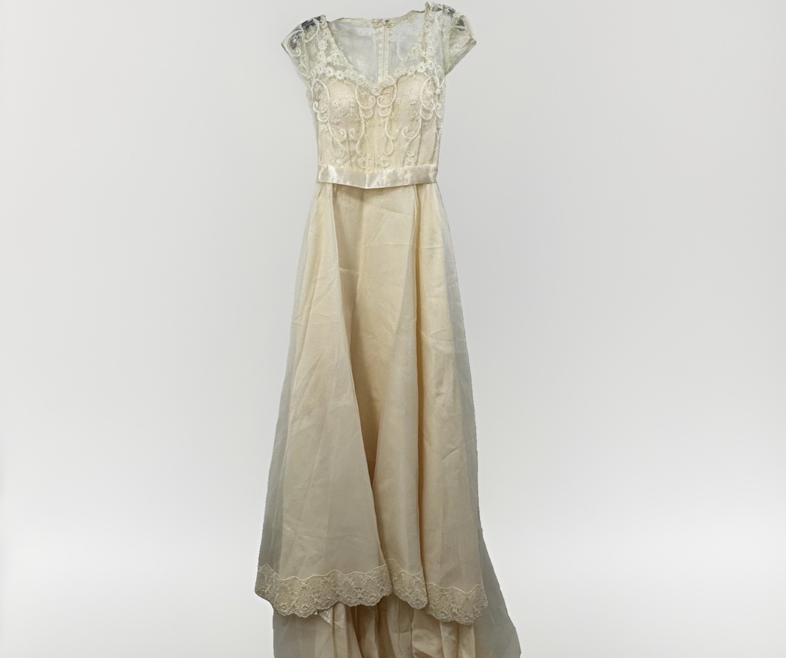 Vintage Lace Overlay Cap Sleeve Wedding Dress with Bustle Handmade Ivory Color