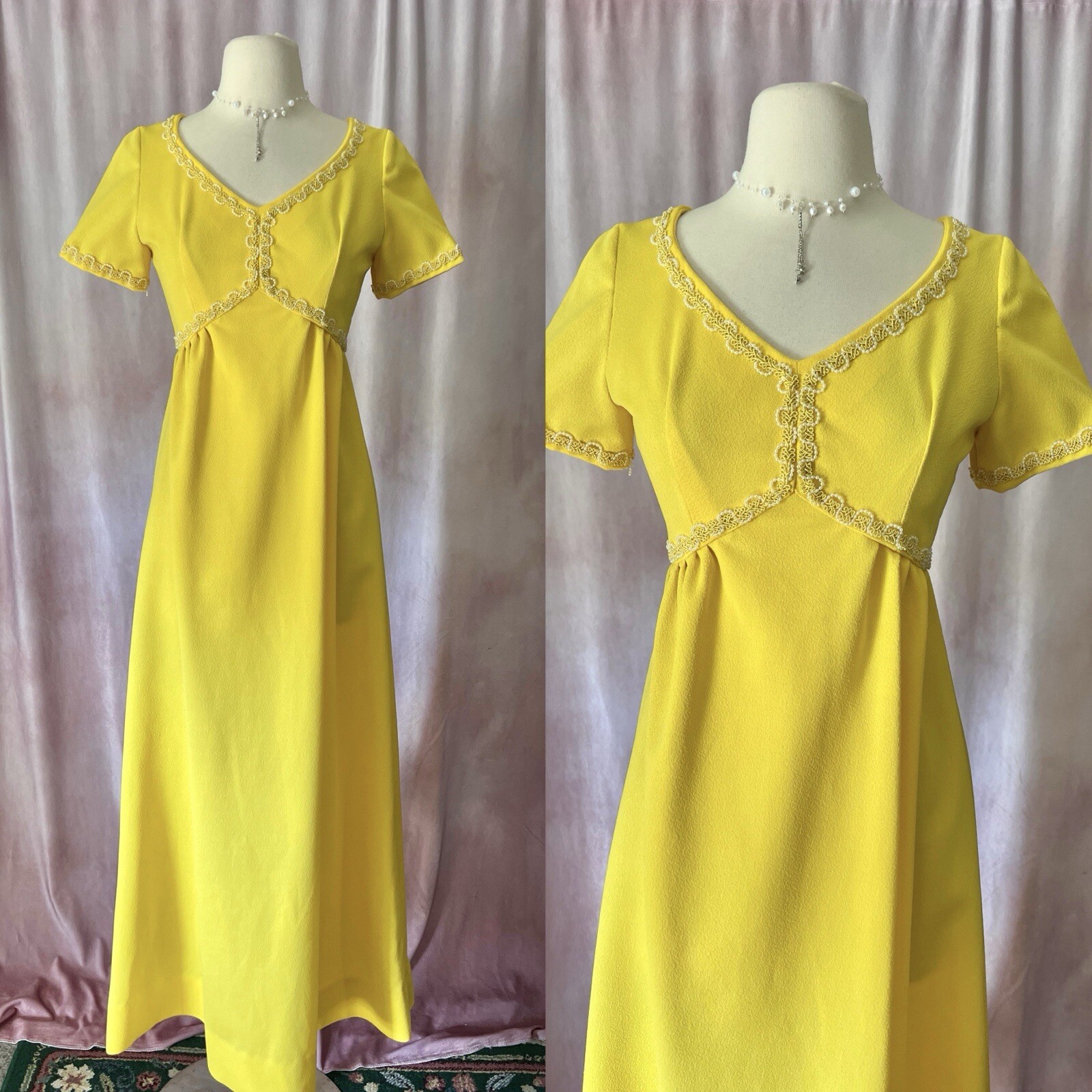 Vintage 60s 70s Formal Dress Small Yellow Maxi Empire Waist Lace Beaded Prom