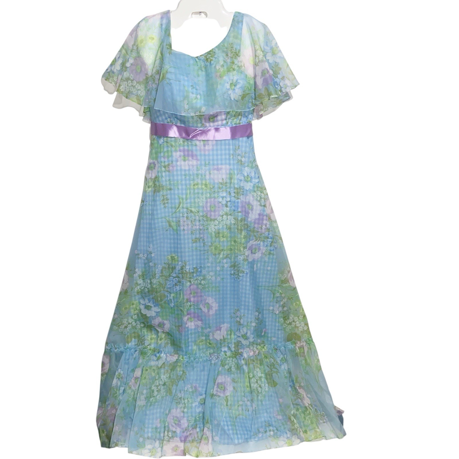 Vintage Dress XS Gingham Blue White Maxi Cottagecore USA Union Made Feminine