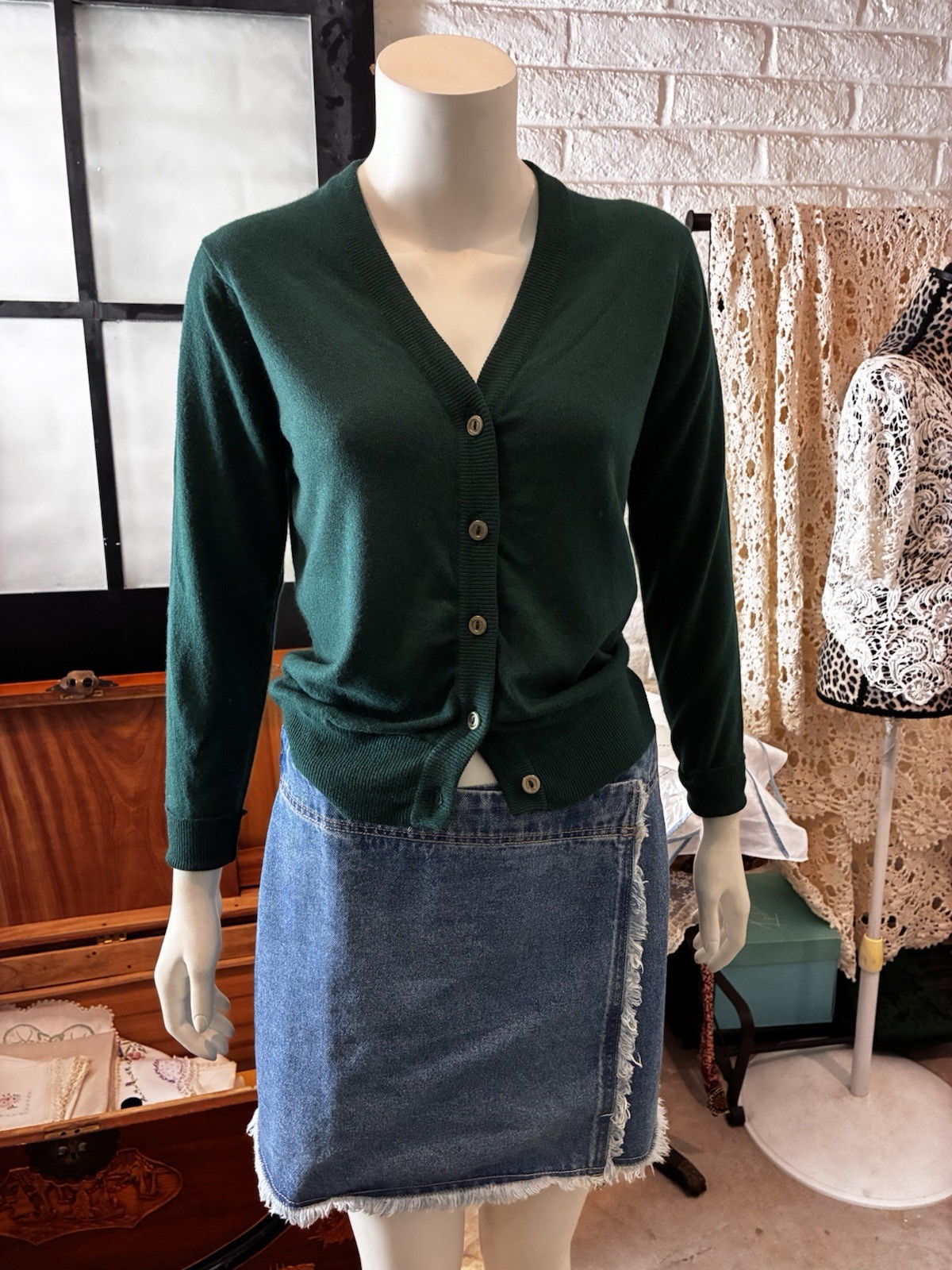 Vintage Harrods Wool Cashmere Blend Cardigan Dk Green S