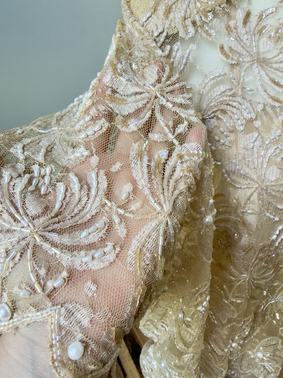 Vtg 80s CHAMPELLYSE Pure Silk Beaded Sequin Lace Tunic Dress M Drop Waist