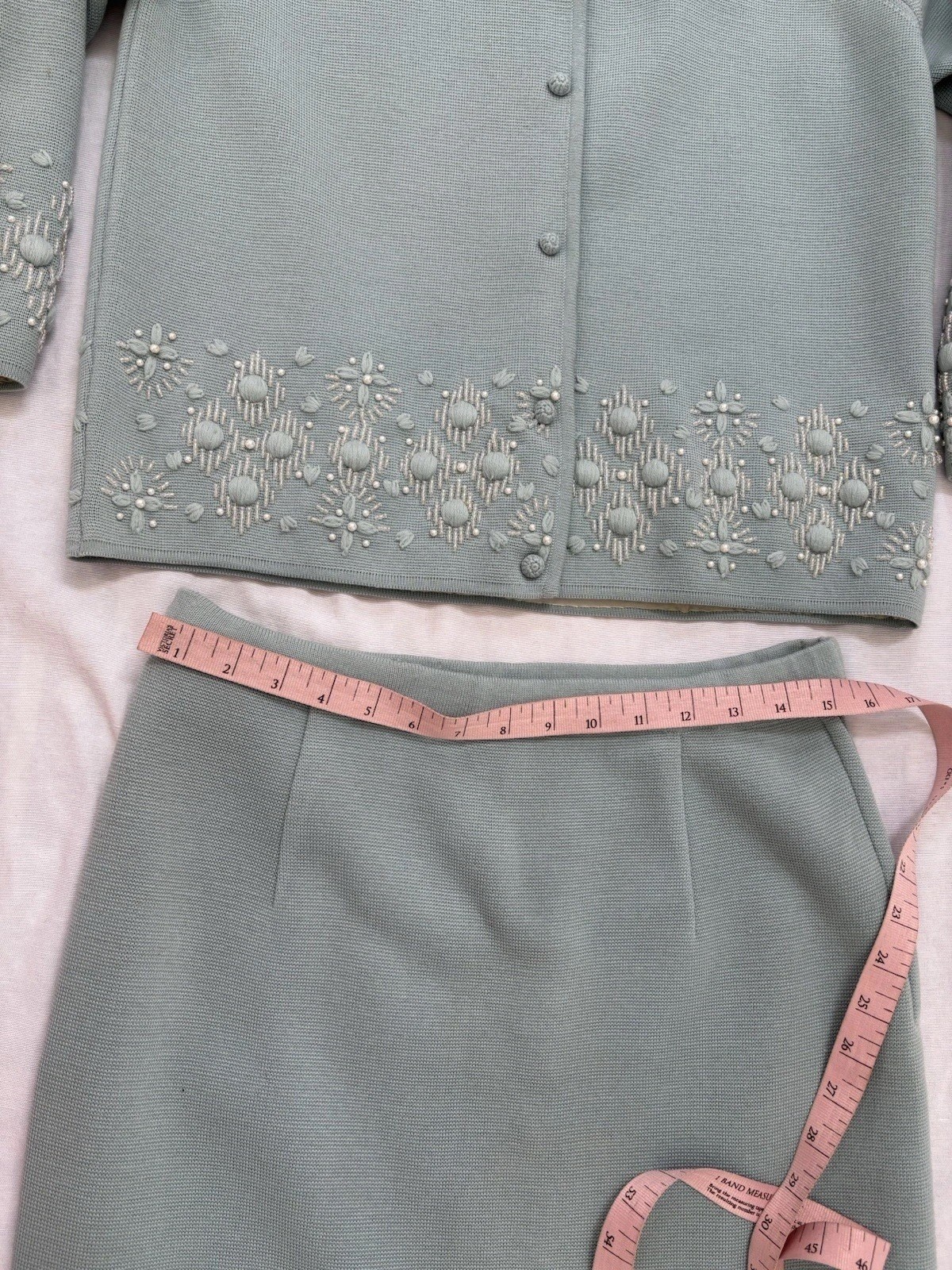 VTG Marshall Fields Skirt Suit Set Womens Large Powder Blue Wool Beaded Pearls