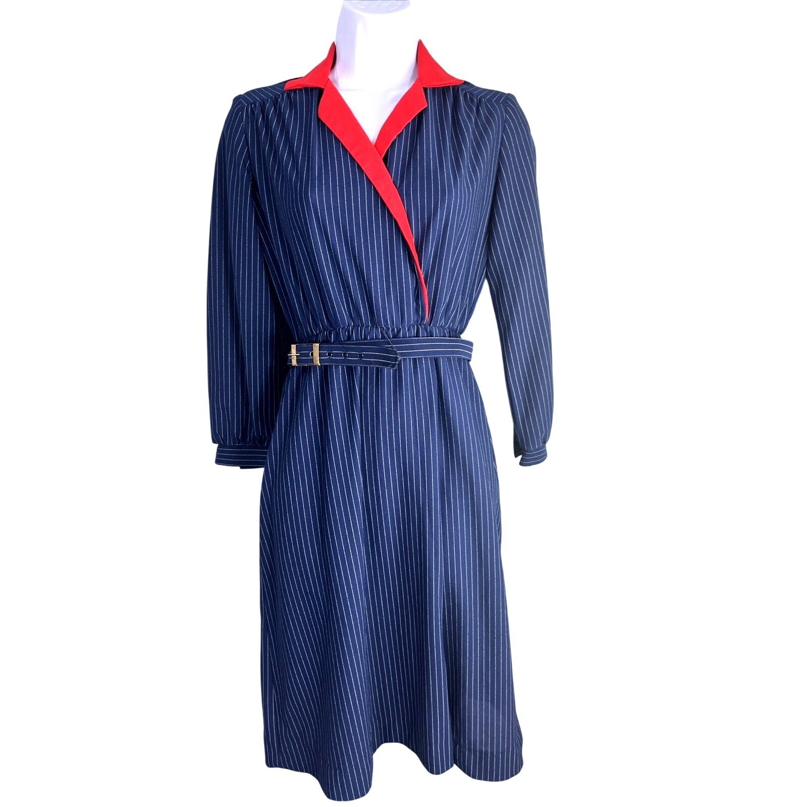 Lady Carol Petites Dress Womens S Navy Blue Pinstripe Collar Belted Vintage 70s