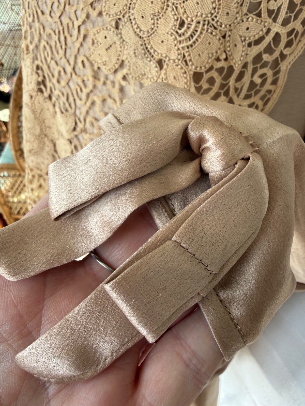 Antique 1920s Tan Silk Flapper Dress With Lace Yoke AS IS TLC Size M
